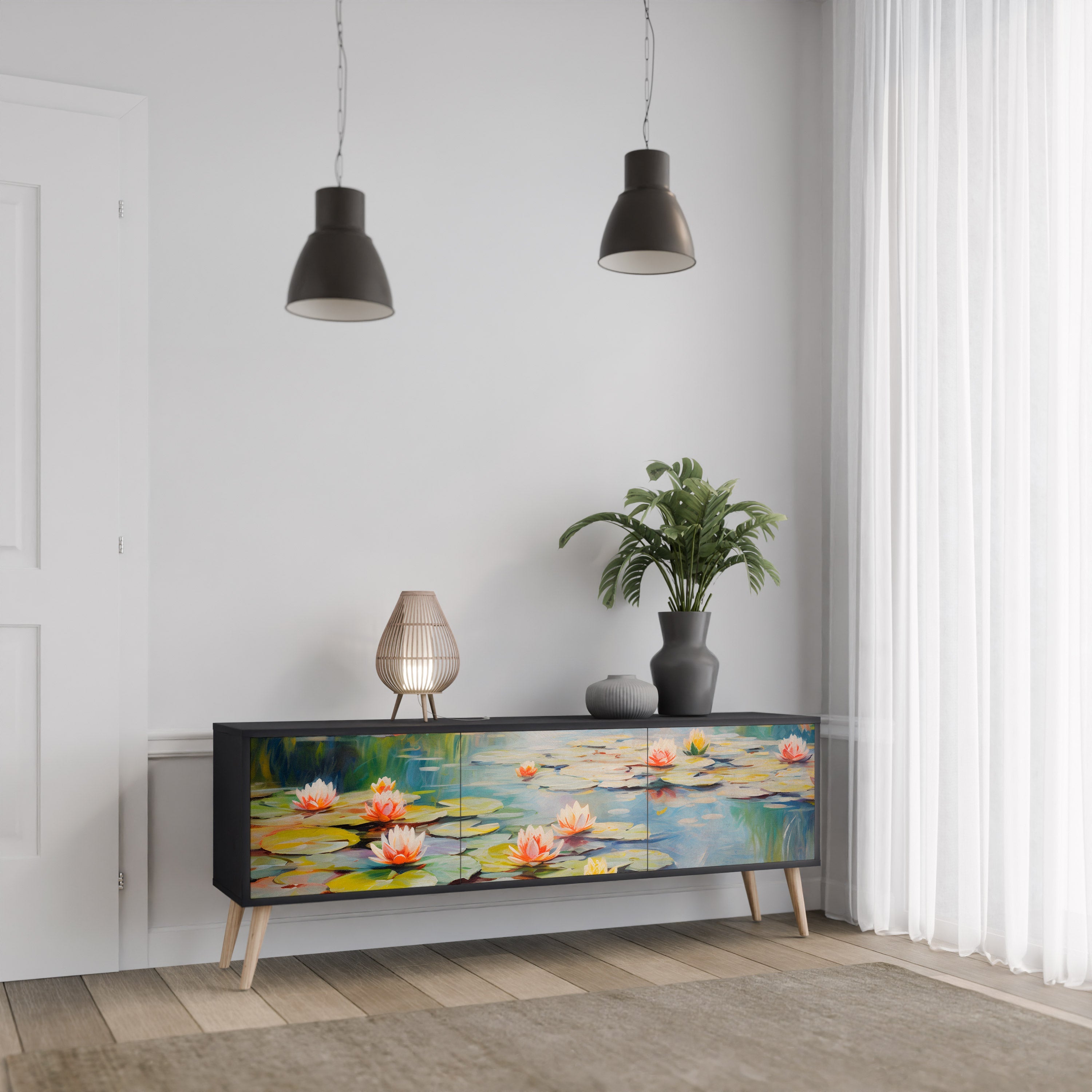 BLOOMING WATERS 3-türiger TV-Ständer in Schwarz