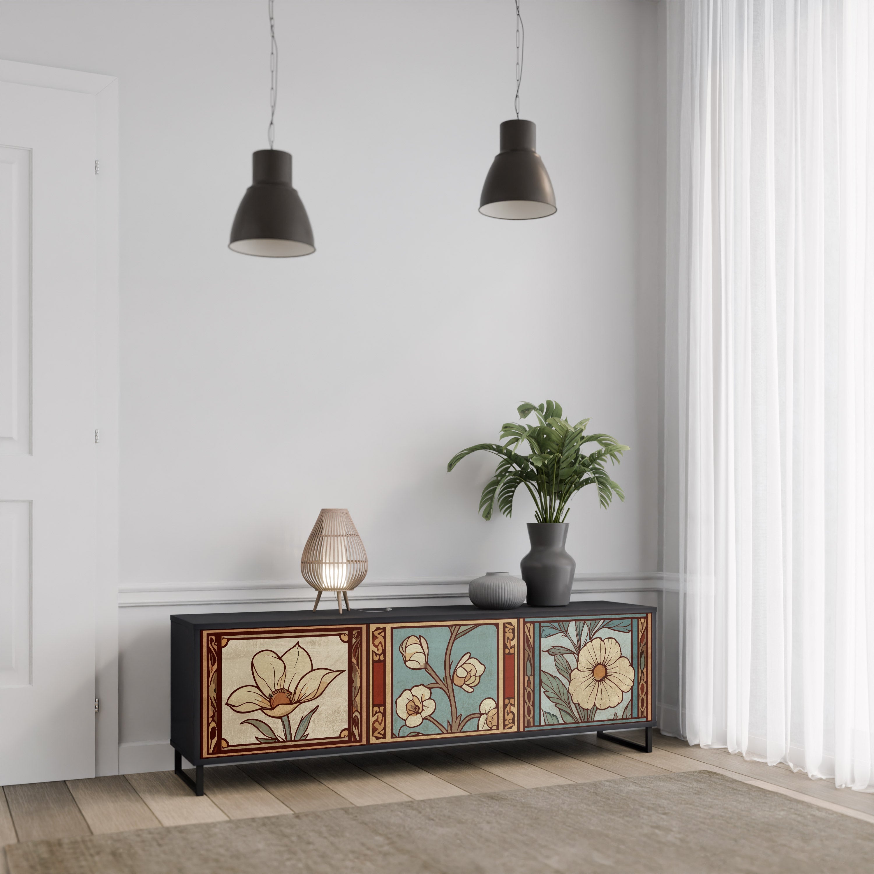 TIMELESS FLORA 3-türiger TV-Ständer in Schwarz