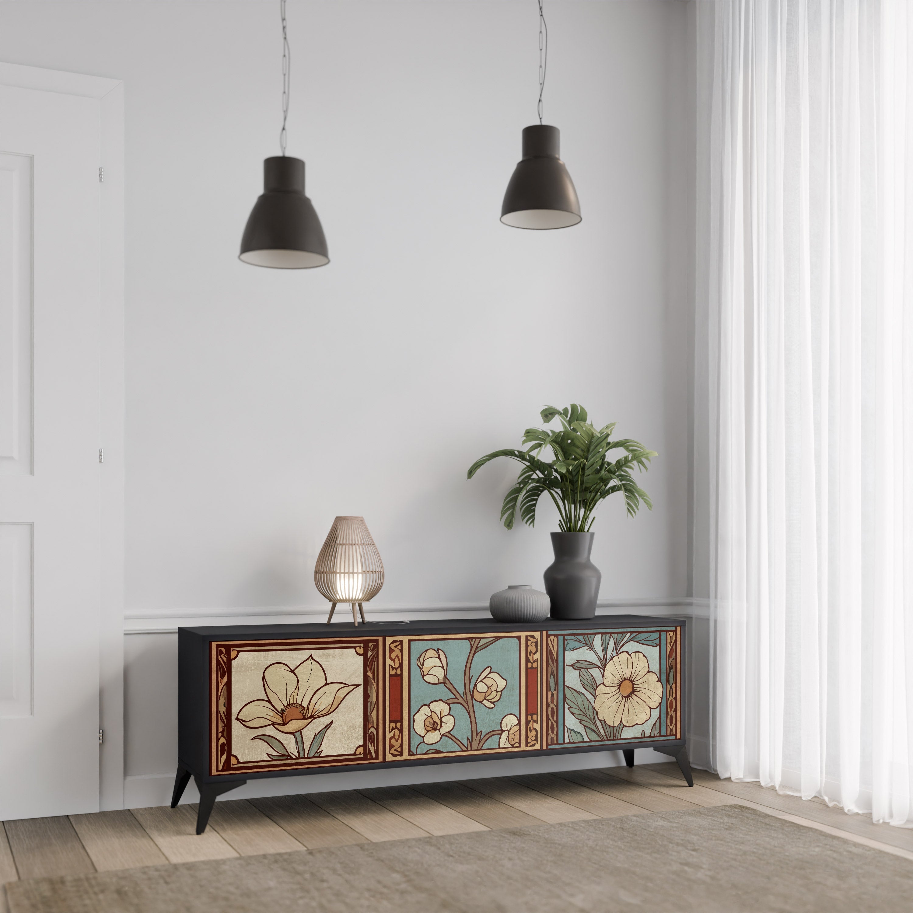 TIMELESS FLORA 3-türiger TV-Ständer in Schwarz
