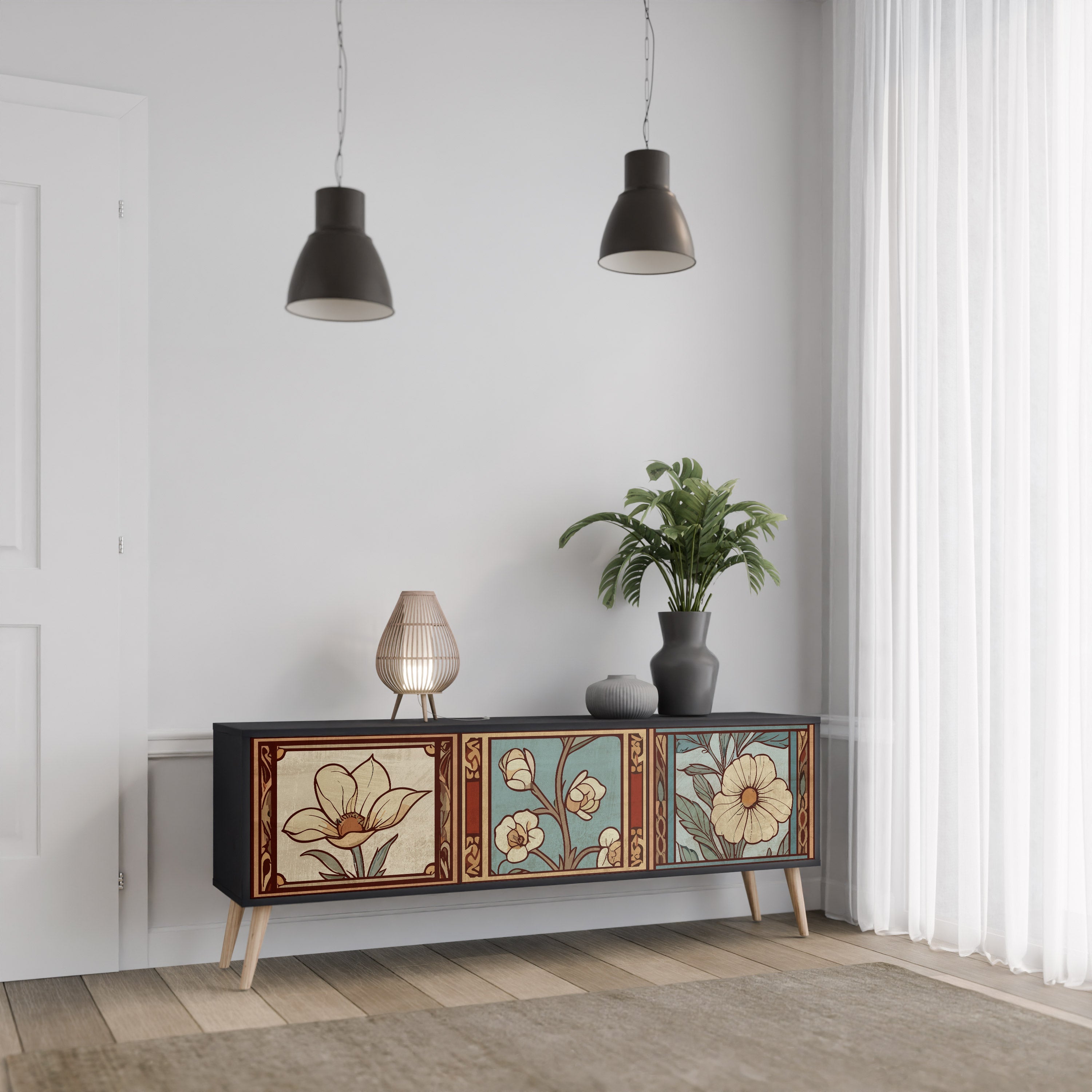 TIMELESS FLORA 3-türiger TV-Ständer in Schwarz