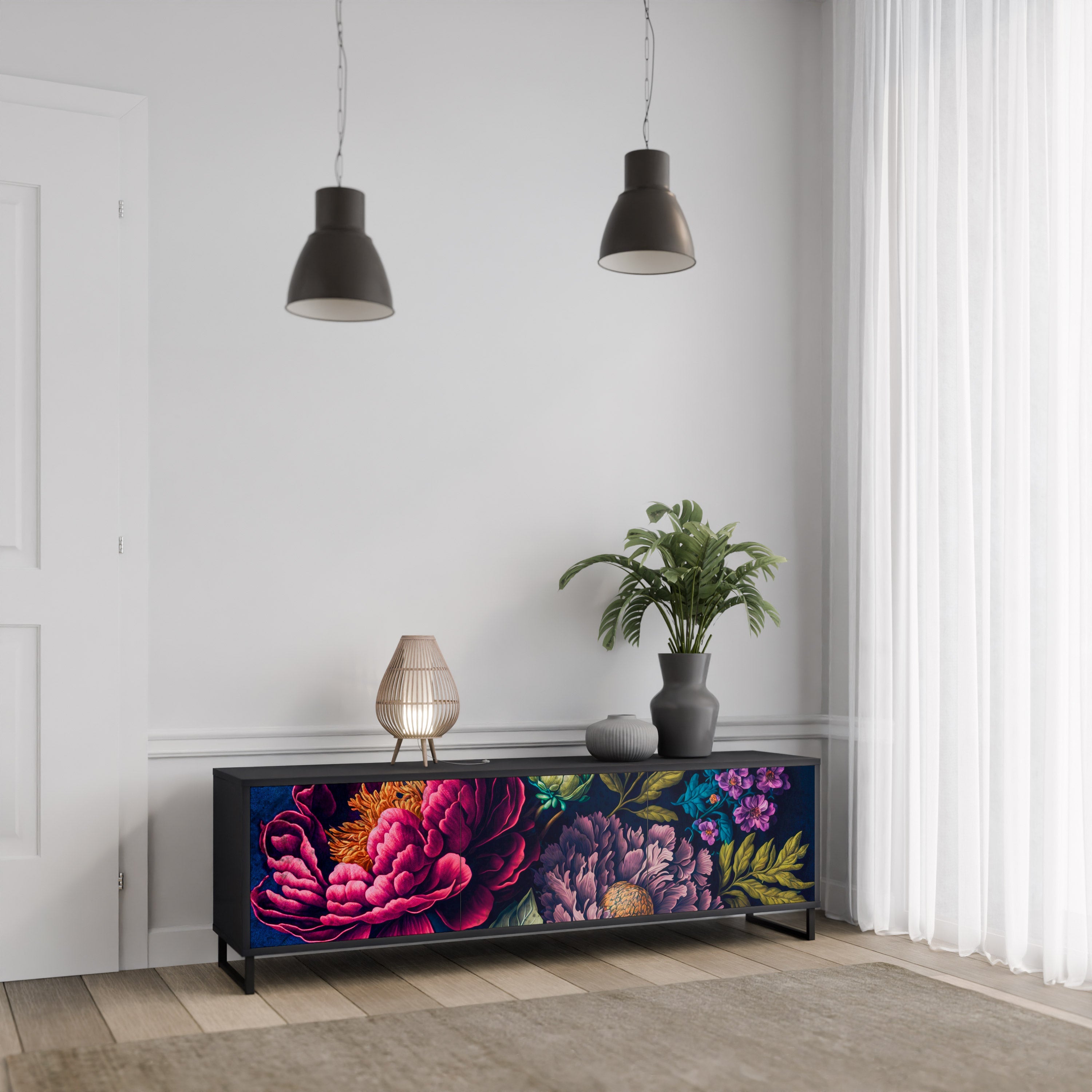 BLOOMING ELEGANCE 3-türiger TV-Ständer in Schwarz