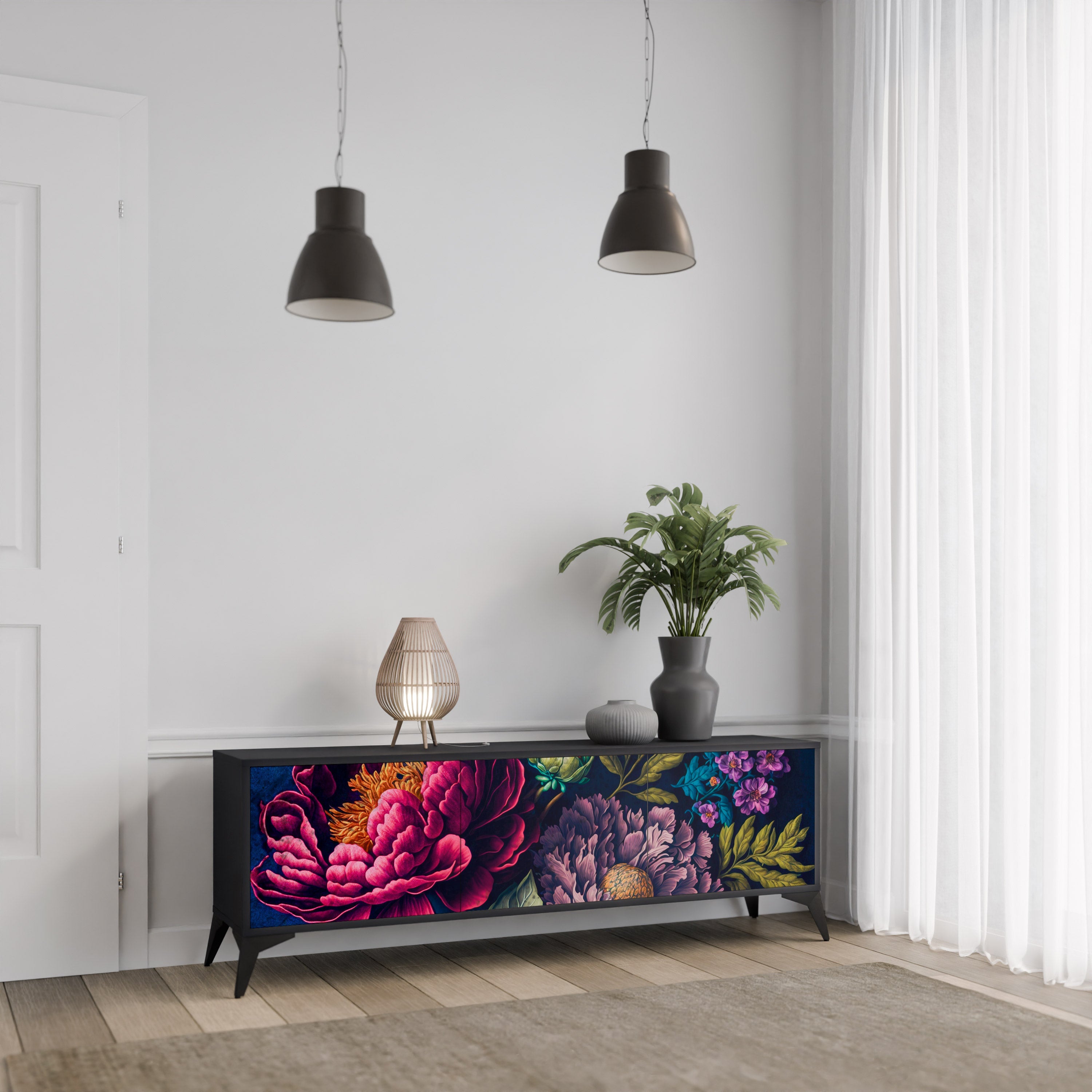 BLOOMING ELEGANCE 3-türiger TV-Ständer in Schwarz