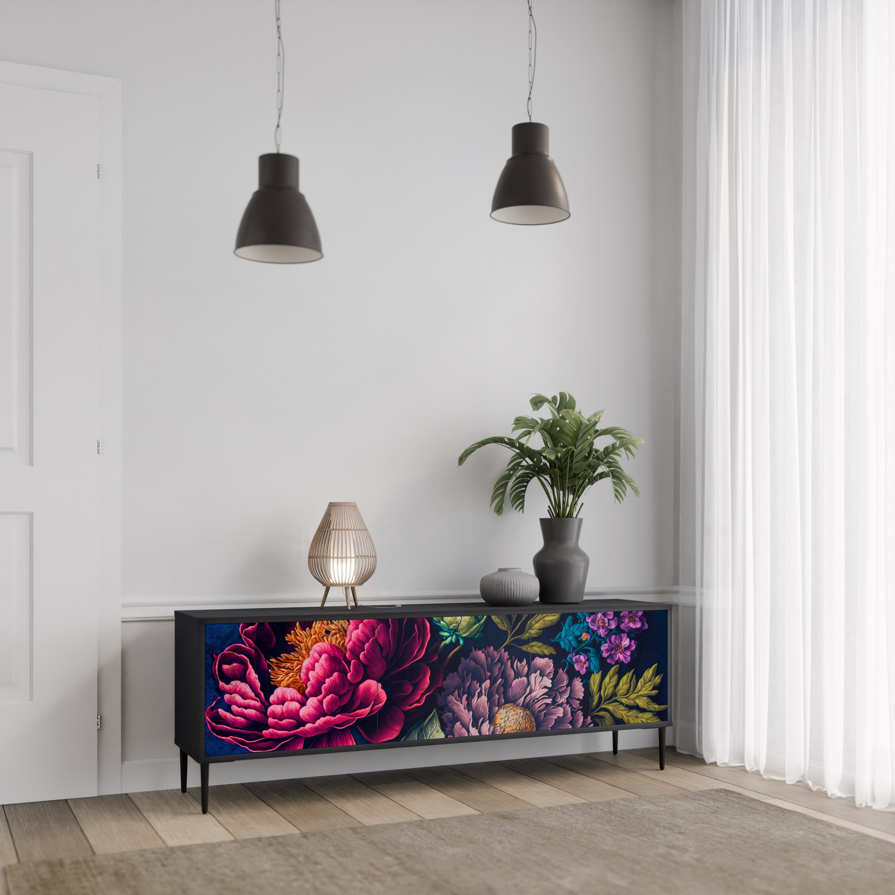 BLOOMING ELEGANCE 3-türiger TV-Ständer in Schwarz