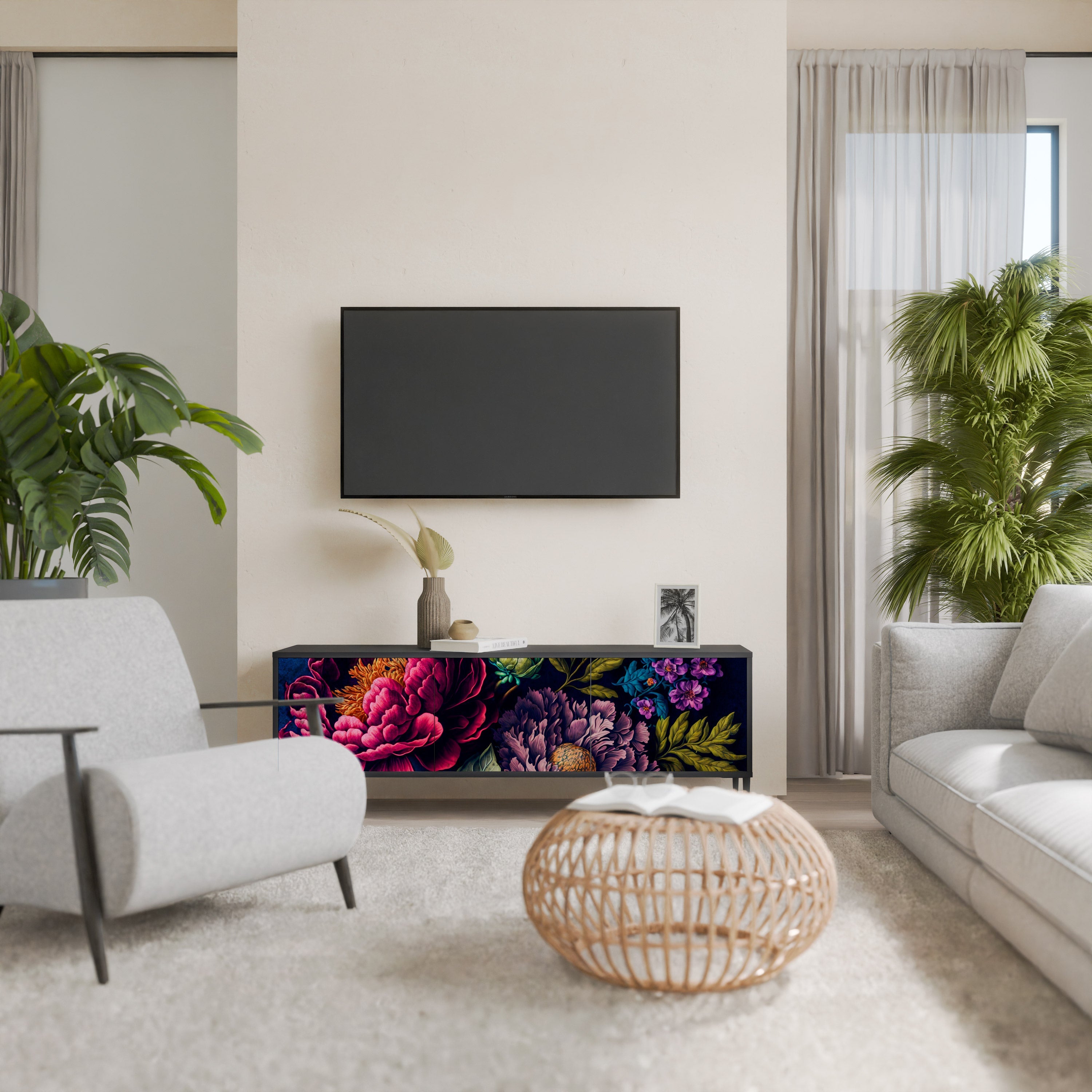 BLOOMING ELEGANCE 3-türiger TV-Ständer in Schwarz