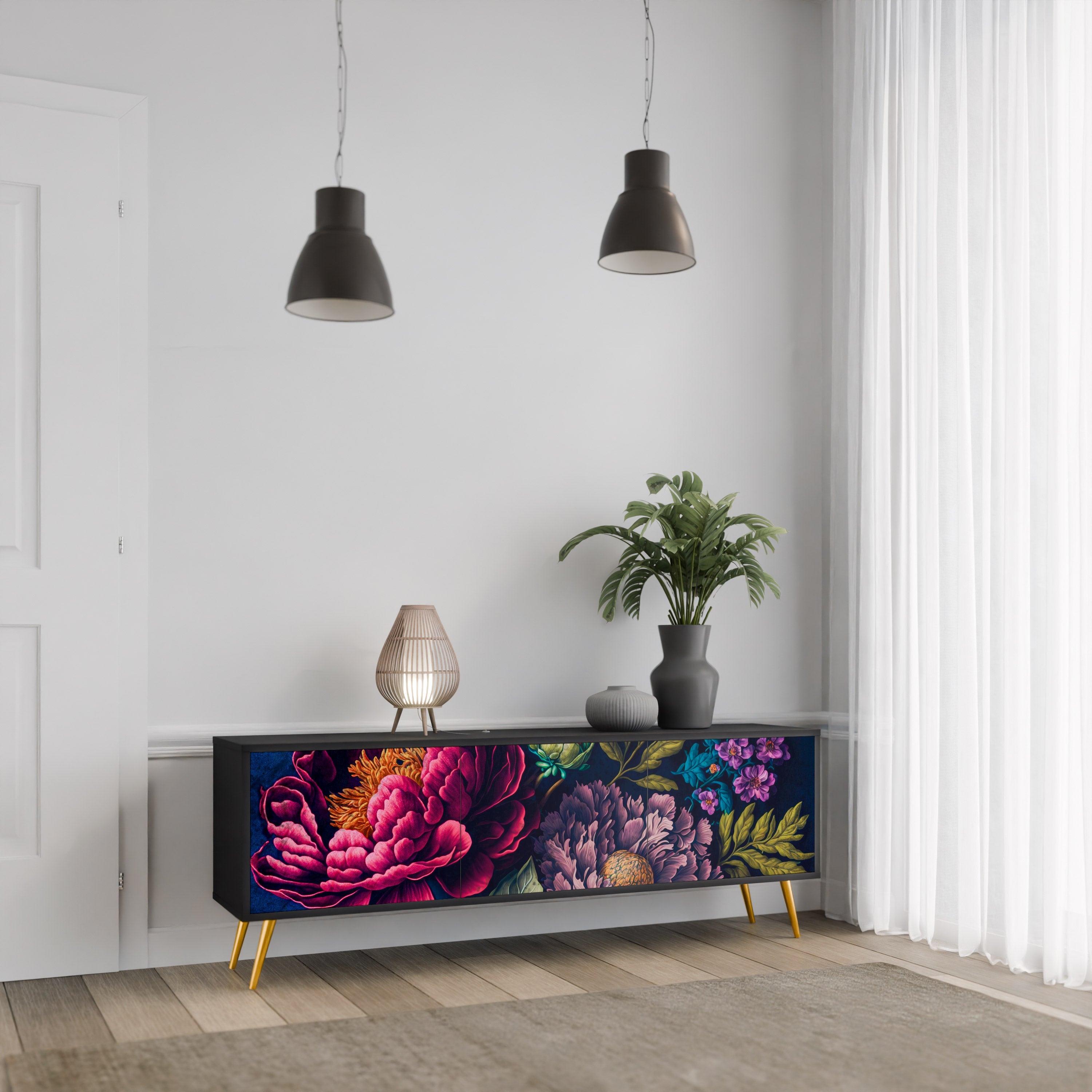 BLOOMING ELEGANCE 3-türiger TV-Ständer in Schwarz