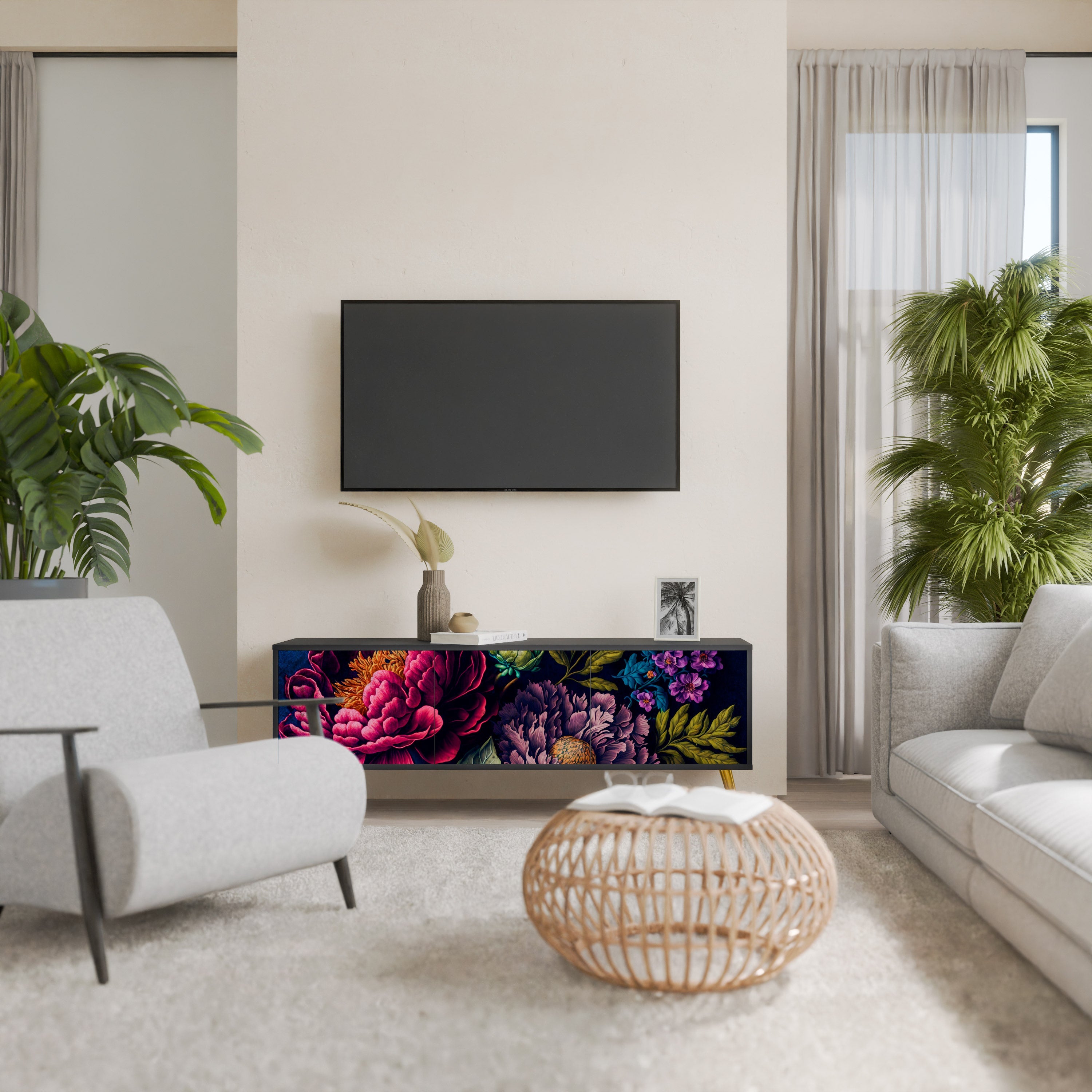 BLOOMING ELEGANCE 3-türiger TV-Ständer in Schwarz