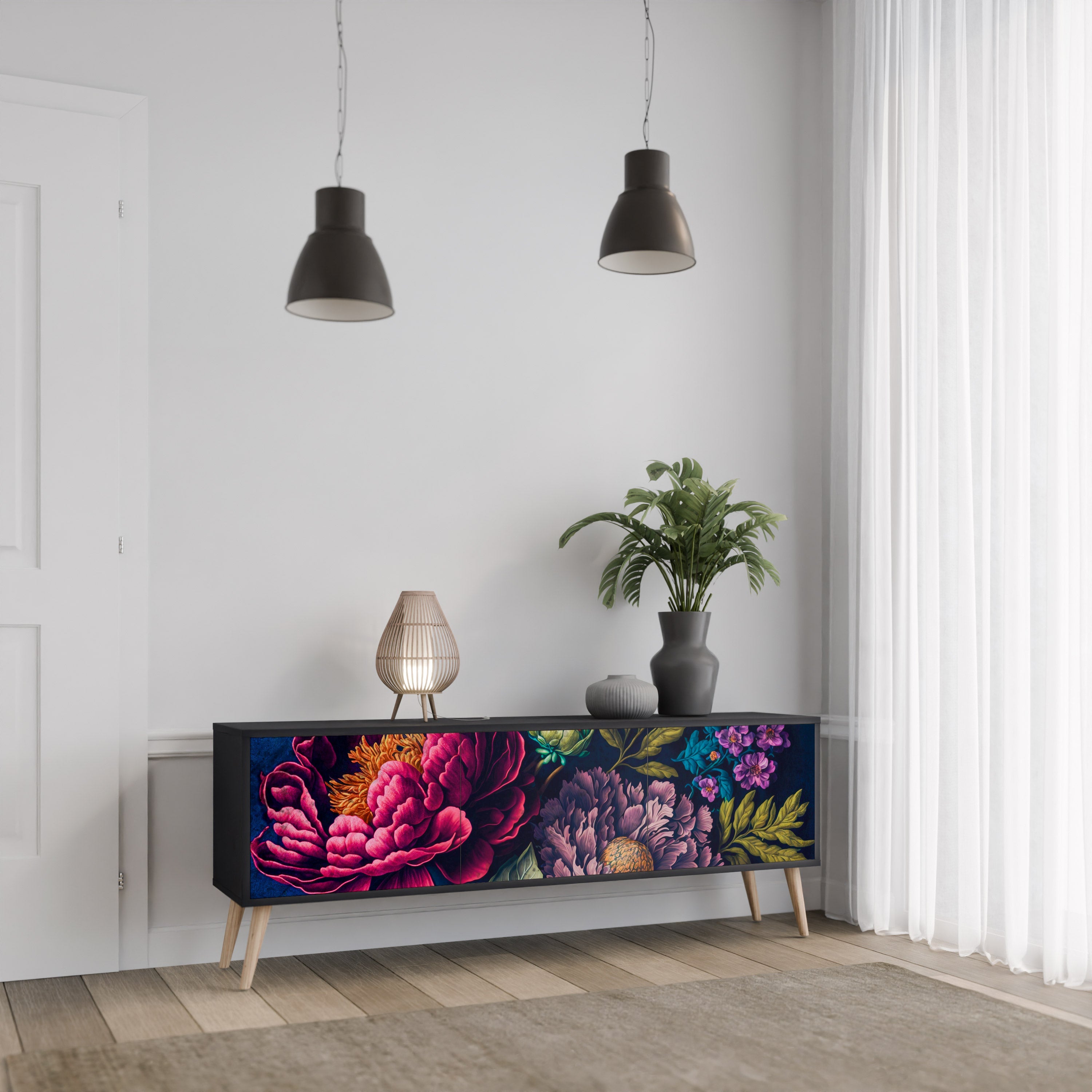BLOOMING ELEGANCE 3-türiger TV-Ständer in Schwarz