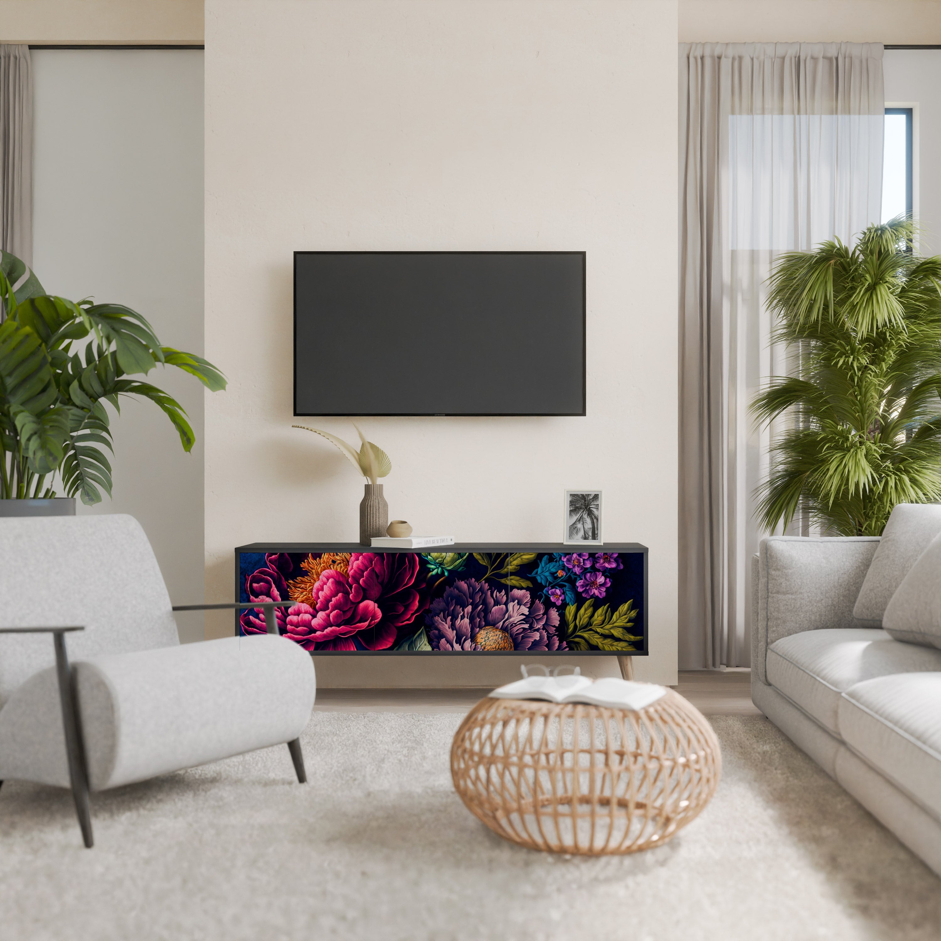 BLOOMING ELEGANCE 3-türiger TV-Ständer in Schwarz