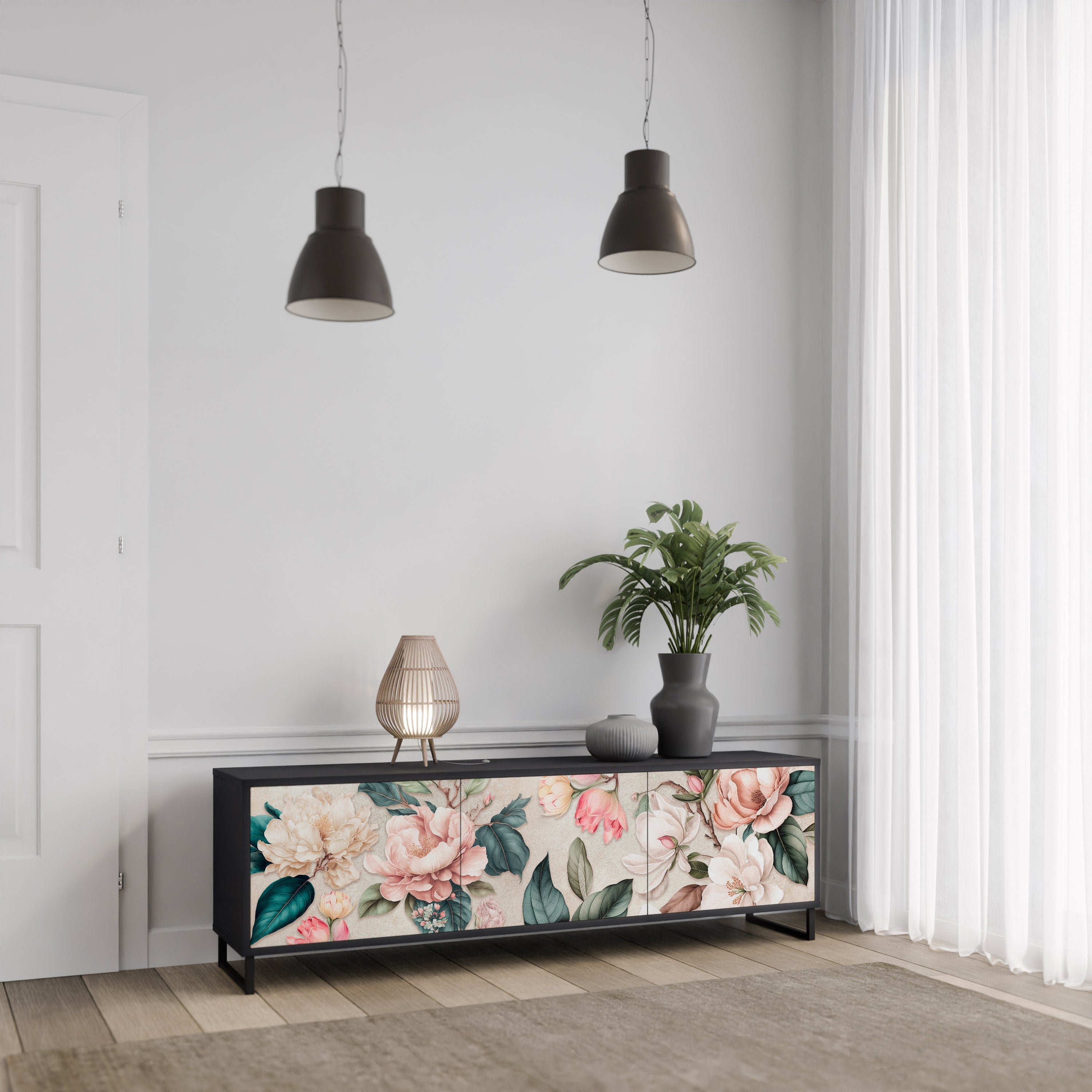 FLORAL GRACE 3-türiger TV-Ständer in Schwarz