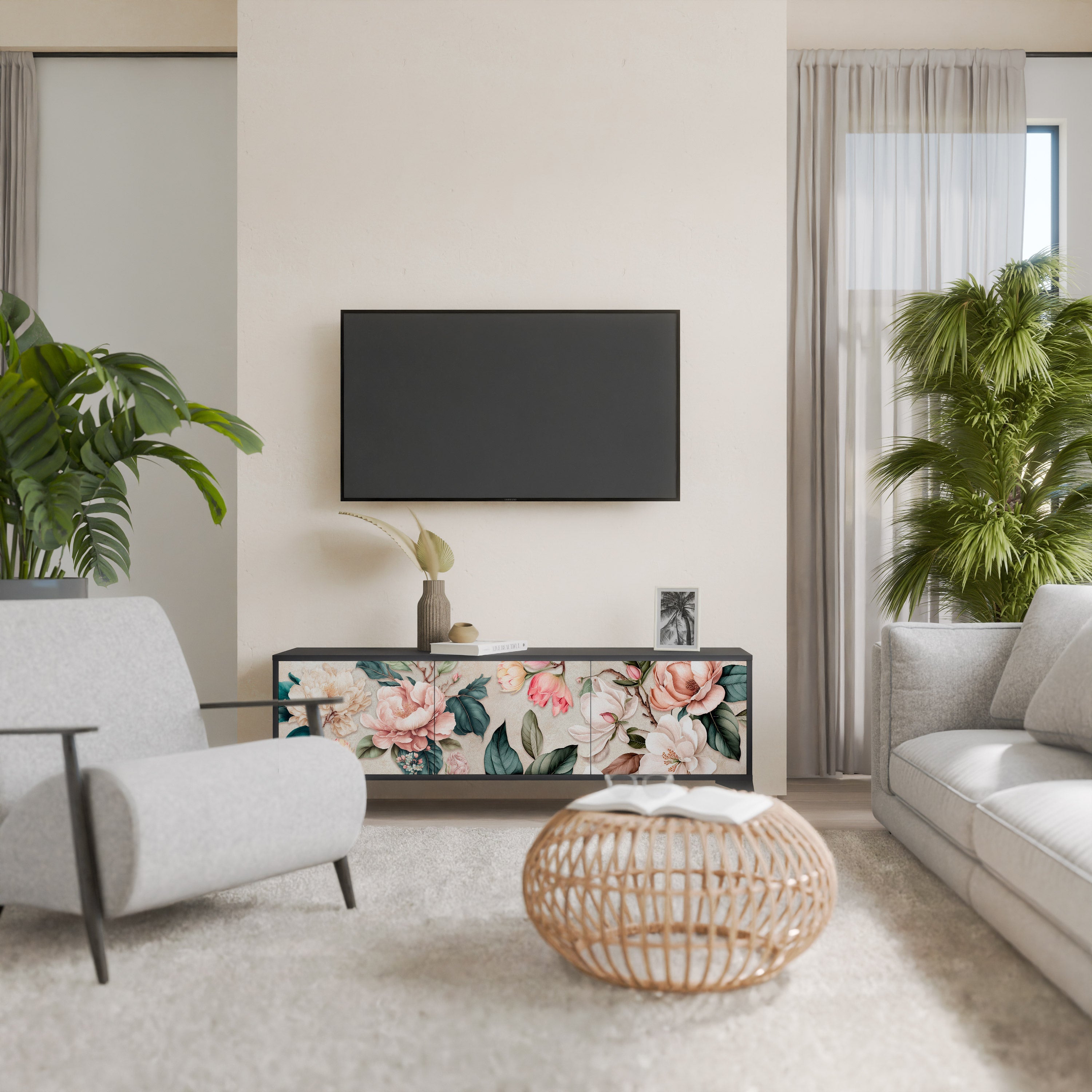 FLORAL GRACE 3-türiger TV-Ständer in Schwarz