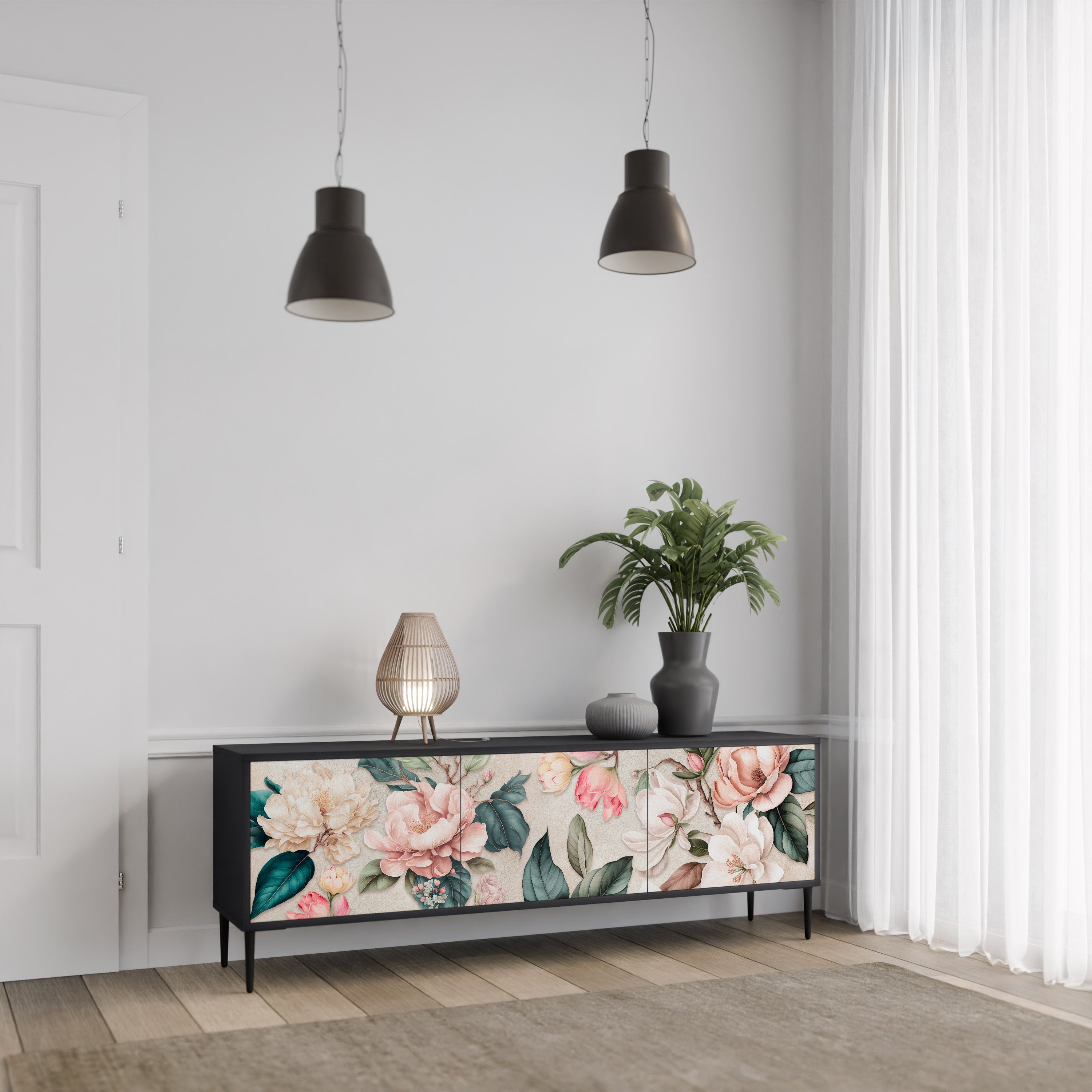 FLORAL GRACE 3-türiger TV-Ständer in Schwarz