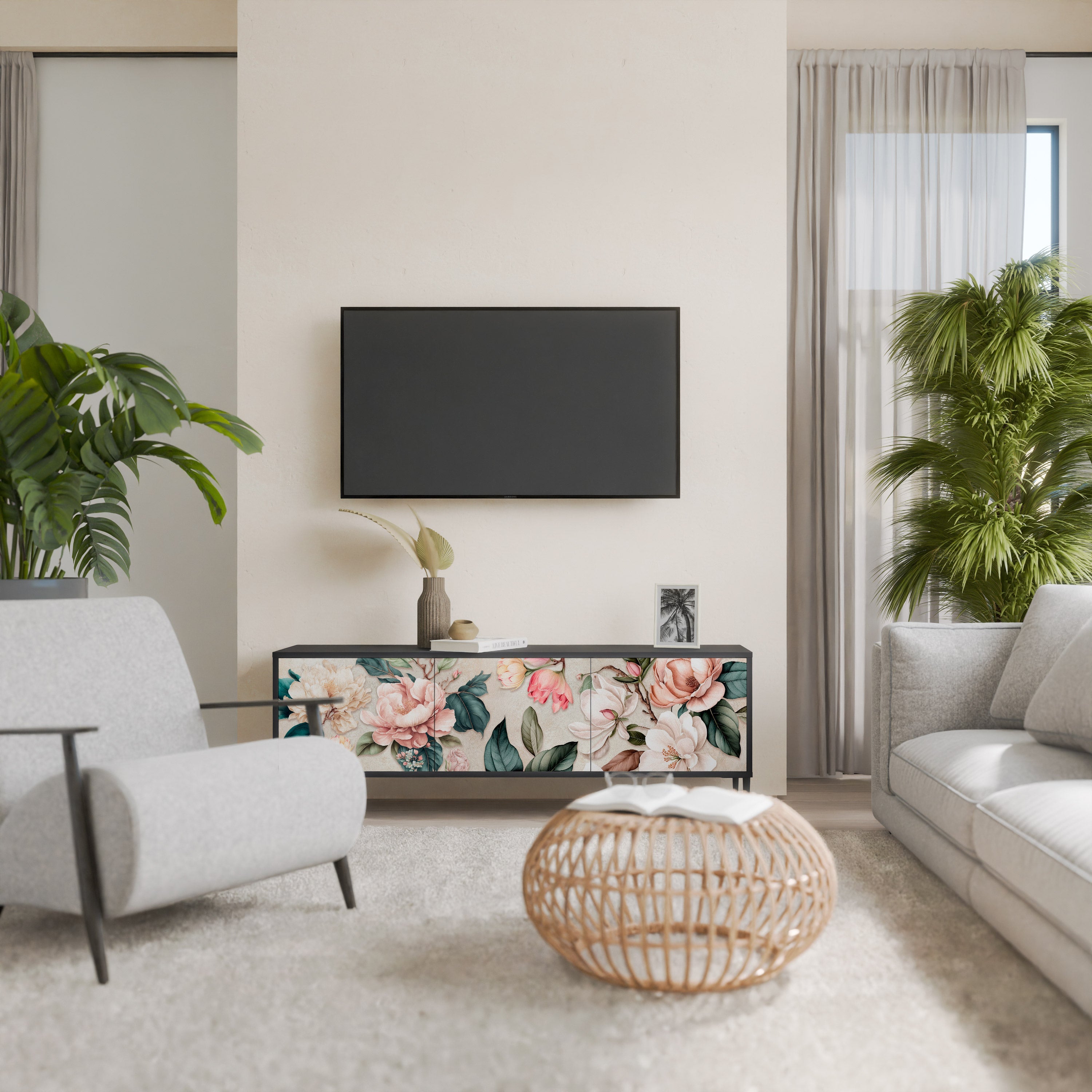 FLORAL GRACE 3-türiger TV-Ständer in Schwarz