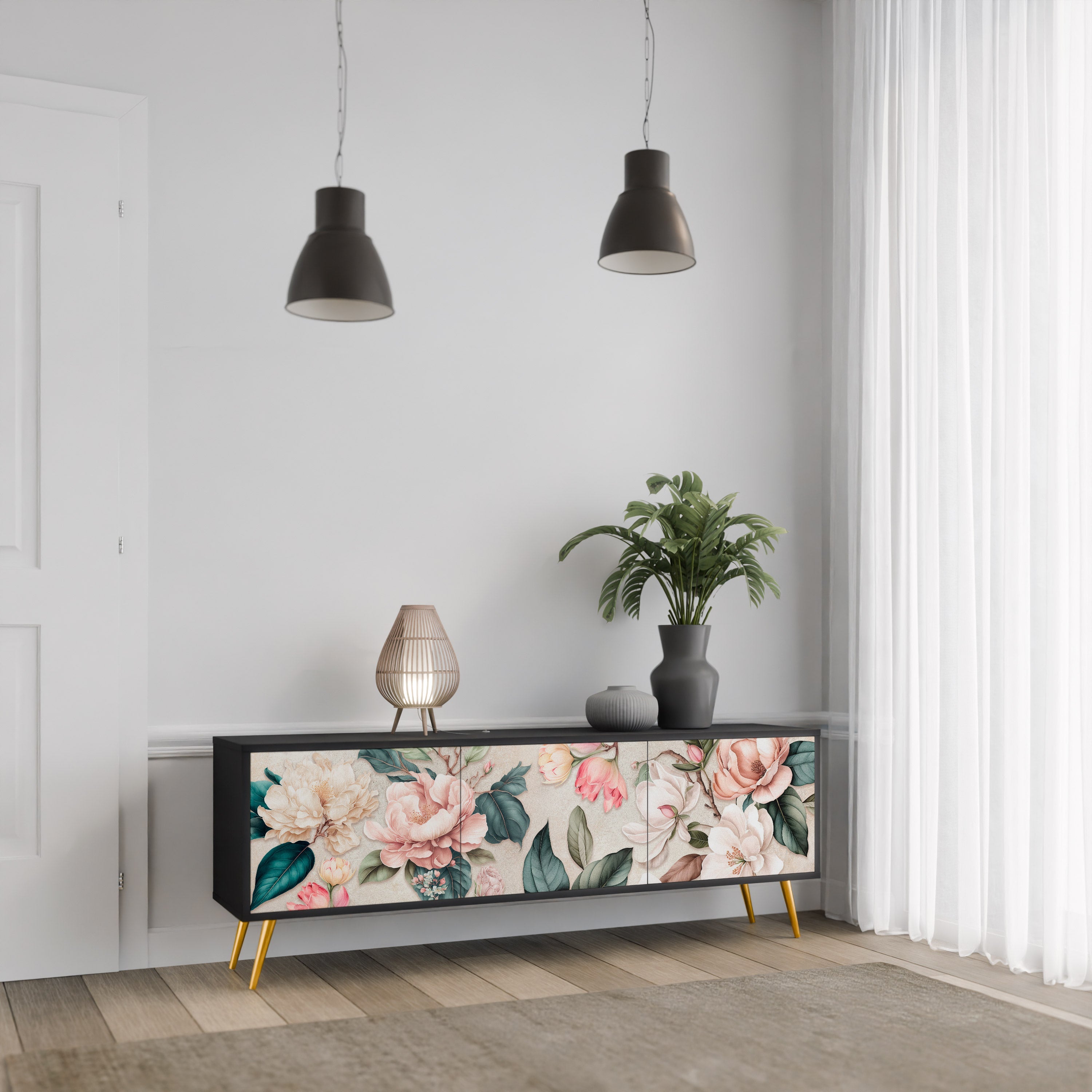 FLORAL GRACE 3-türiger TV-Ständer in Schwarz