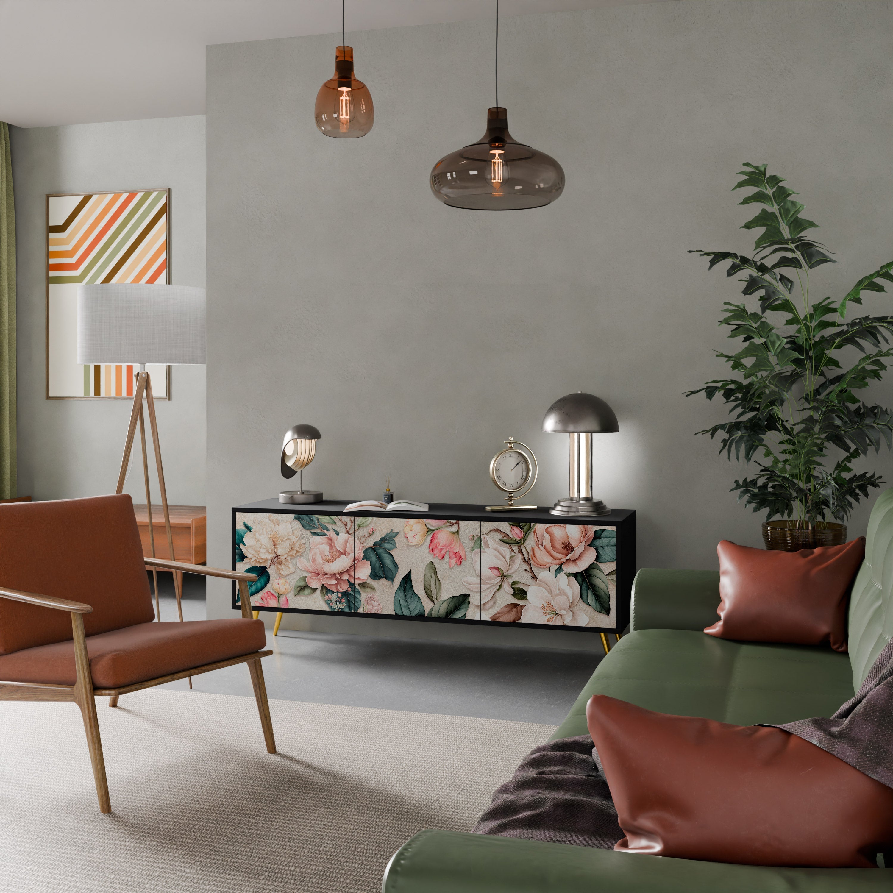 FLORAL GRACE 3-türiger TV-Ständer in Schwarz
