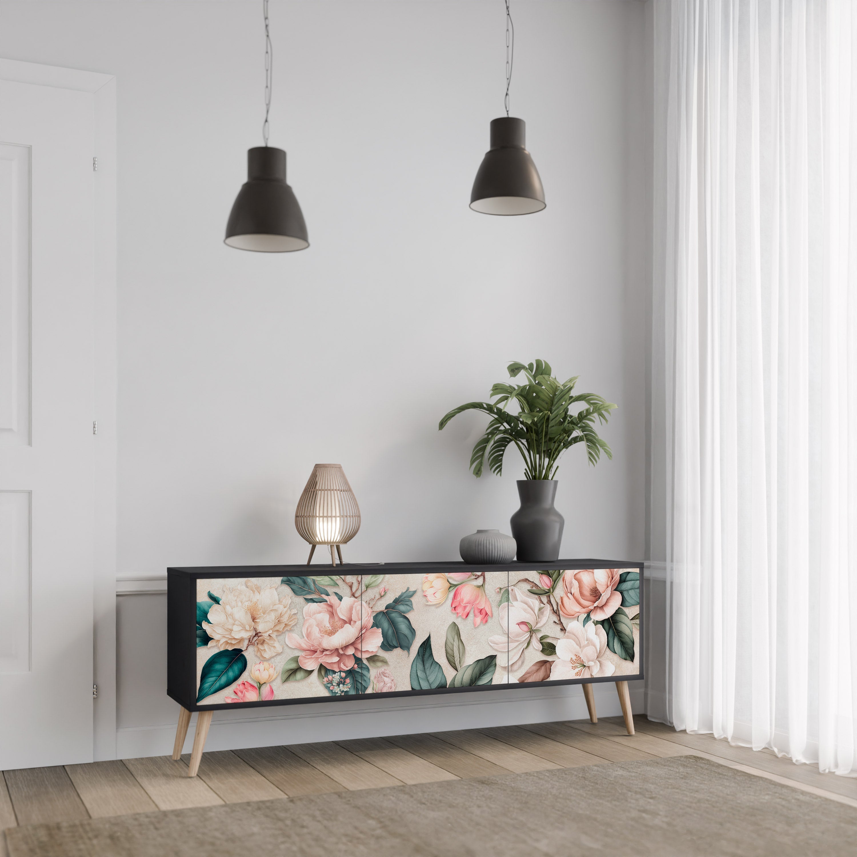 FLORAL GRACE 3-türiger TV-Ständer in Schwarz