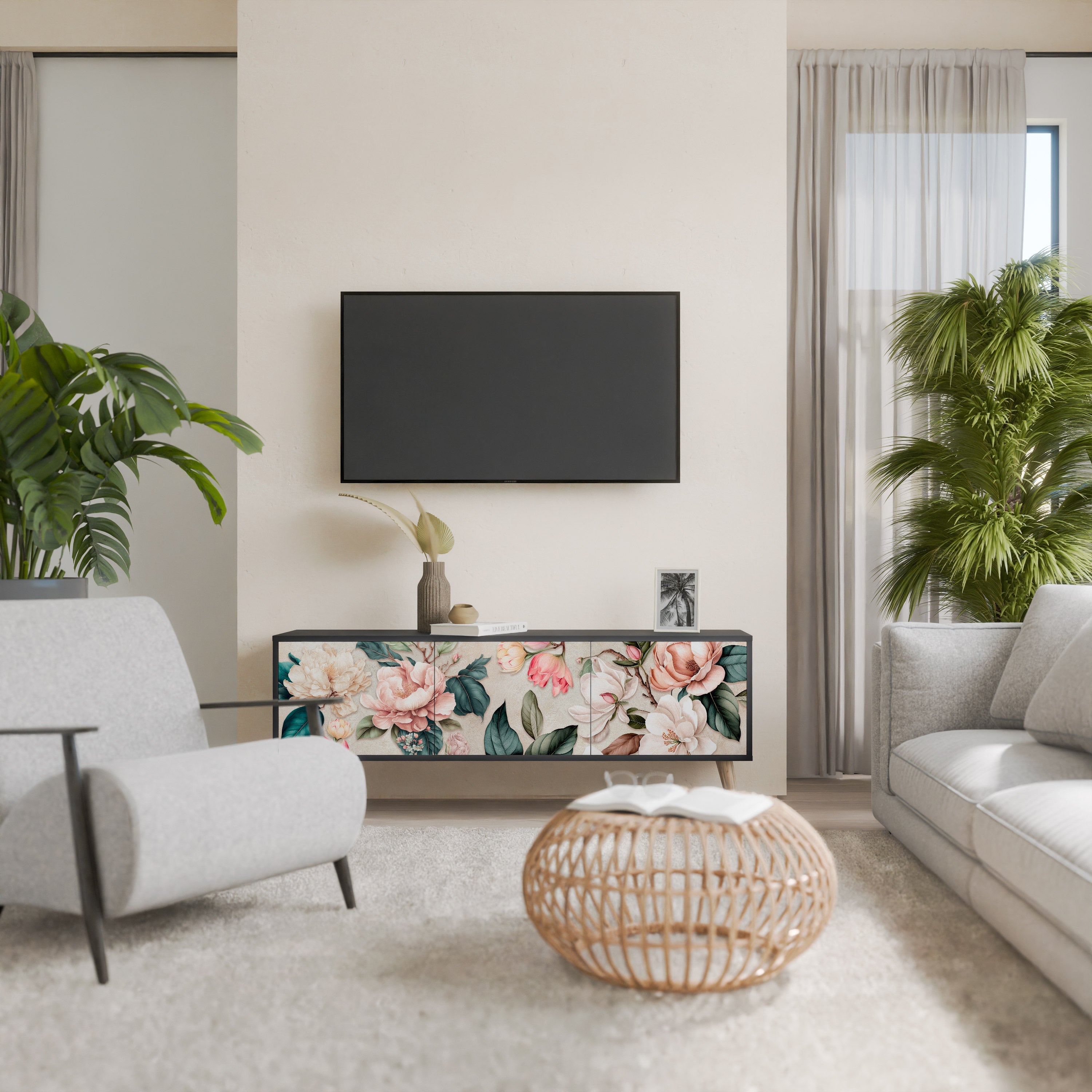 FLORAL GRACE 3-türiger TV-Ständer in Schwarz