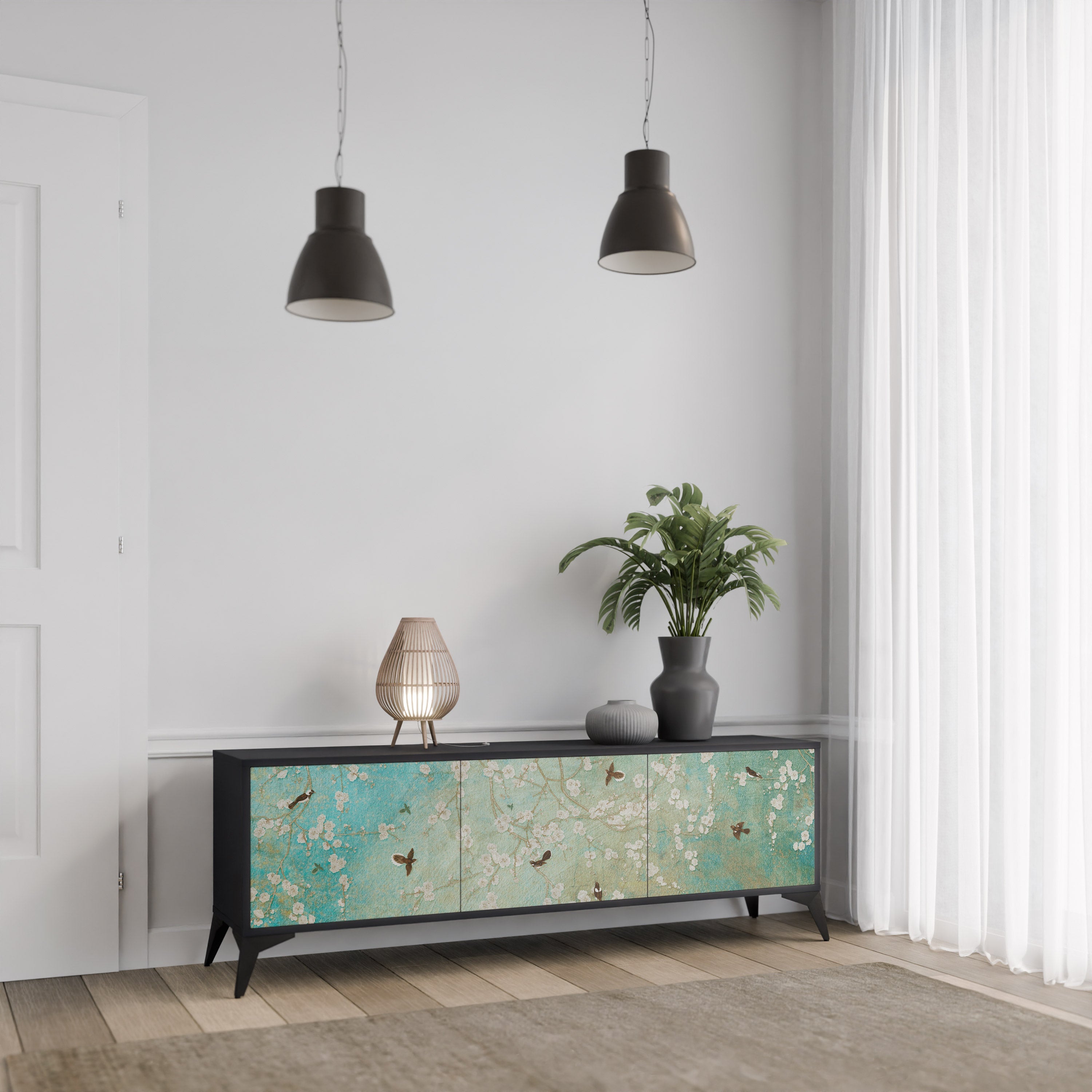 BLOOMING CHARM 3-türiger TV-Ständer in Schwarz