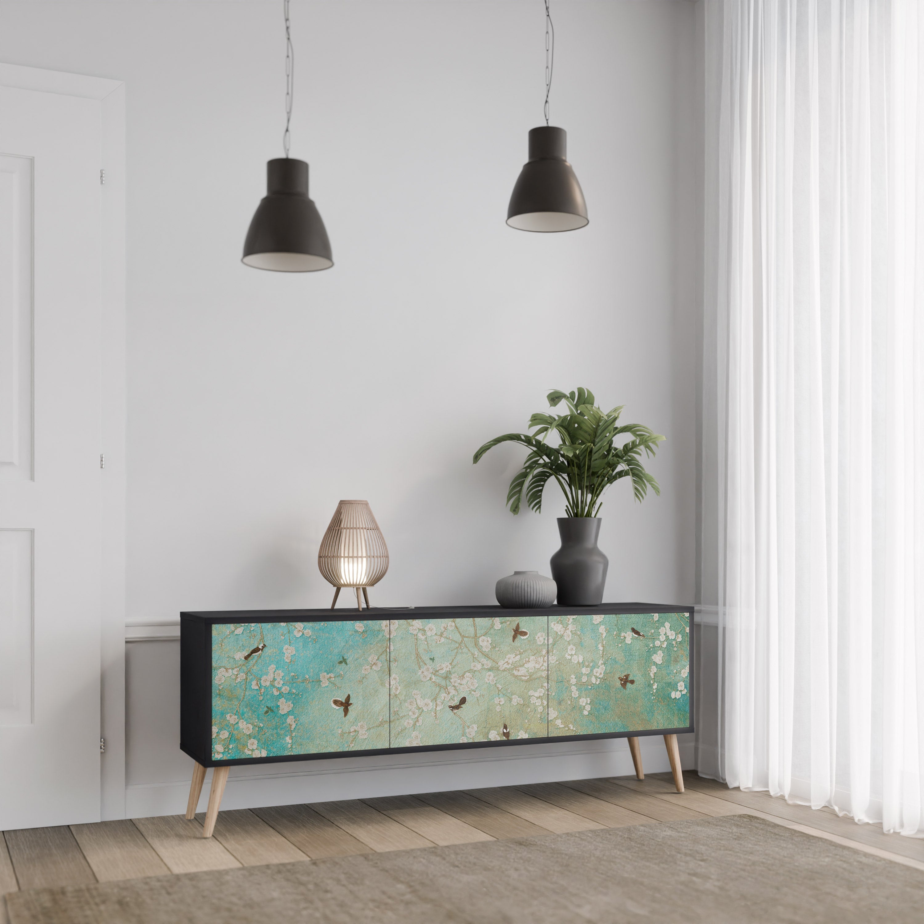 BLOOMING CHARM 3-türiger TV-Ständer in Schwarz