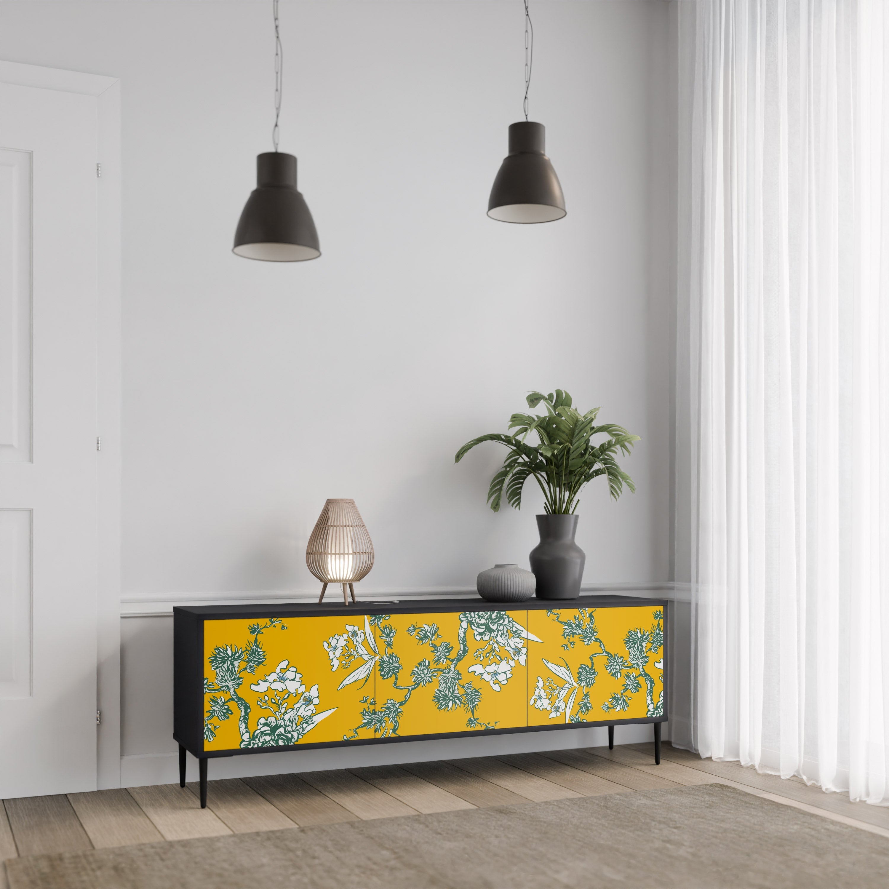 YELLOW CHINOISERIE 3-türiger TV-Ständer in schwarzer Ausführung