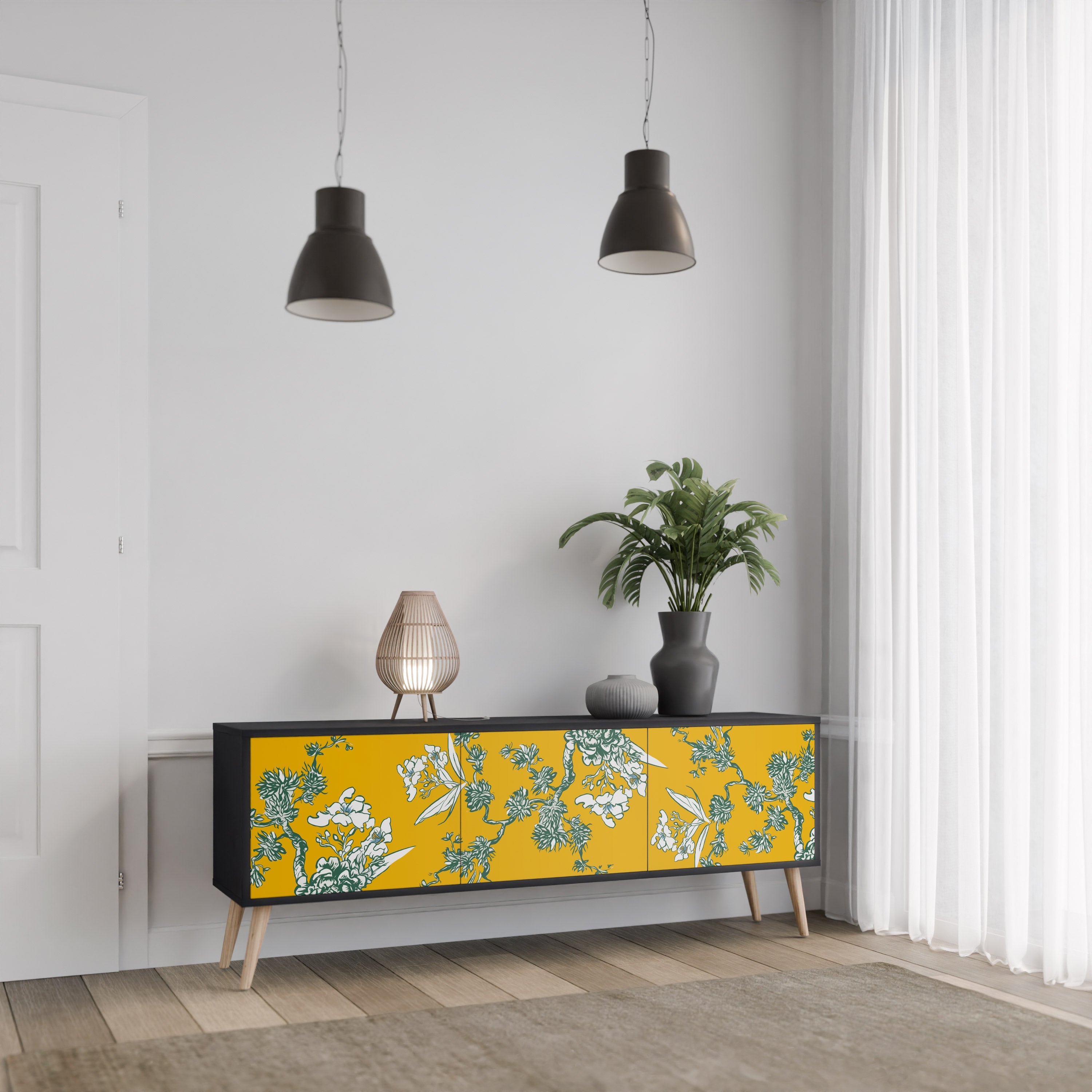 YELLOW CHINOISERIE 3-türiger TV-Ständer in schwarzer Ausführung