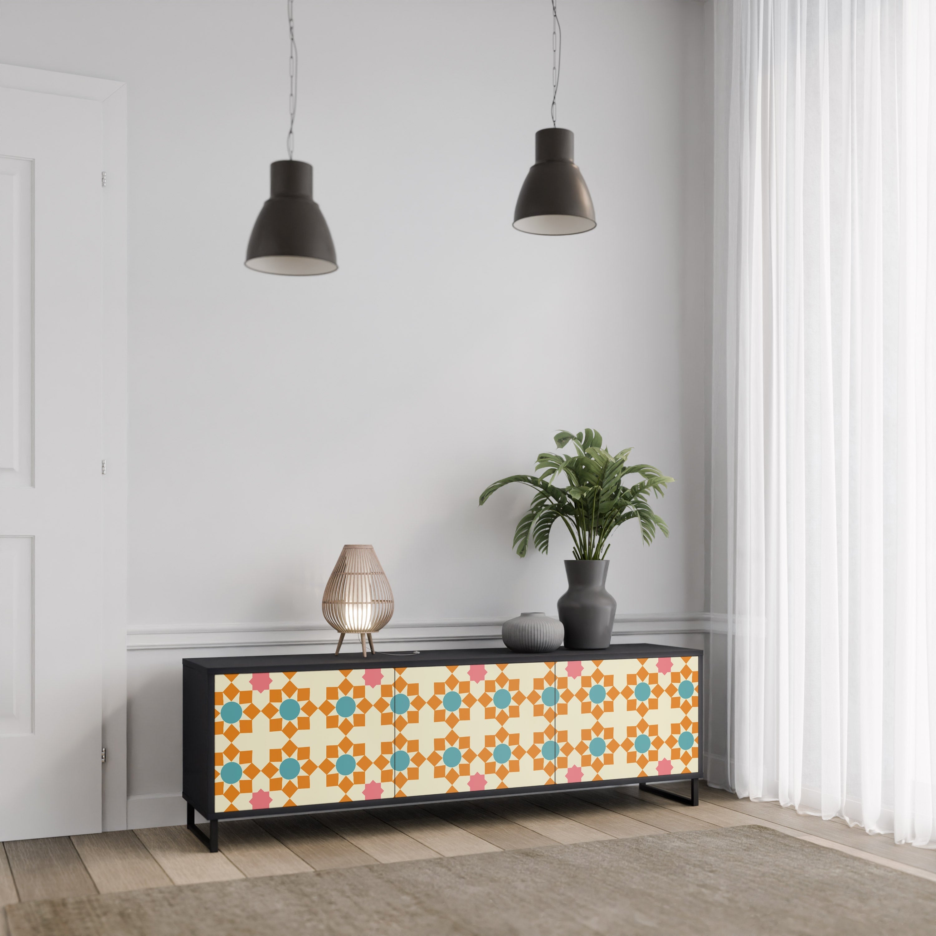 FLORAL DECOR 3-türiger TV-Ständer in Schwarz