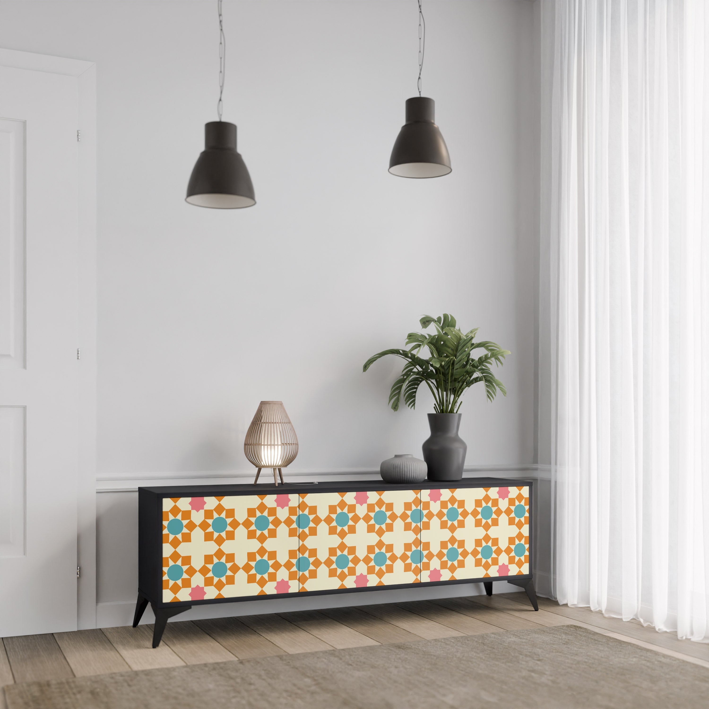 FLORAL DECOR 3-türiger TV-Ständer in Schwarz