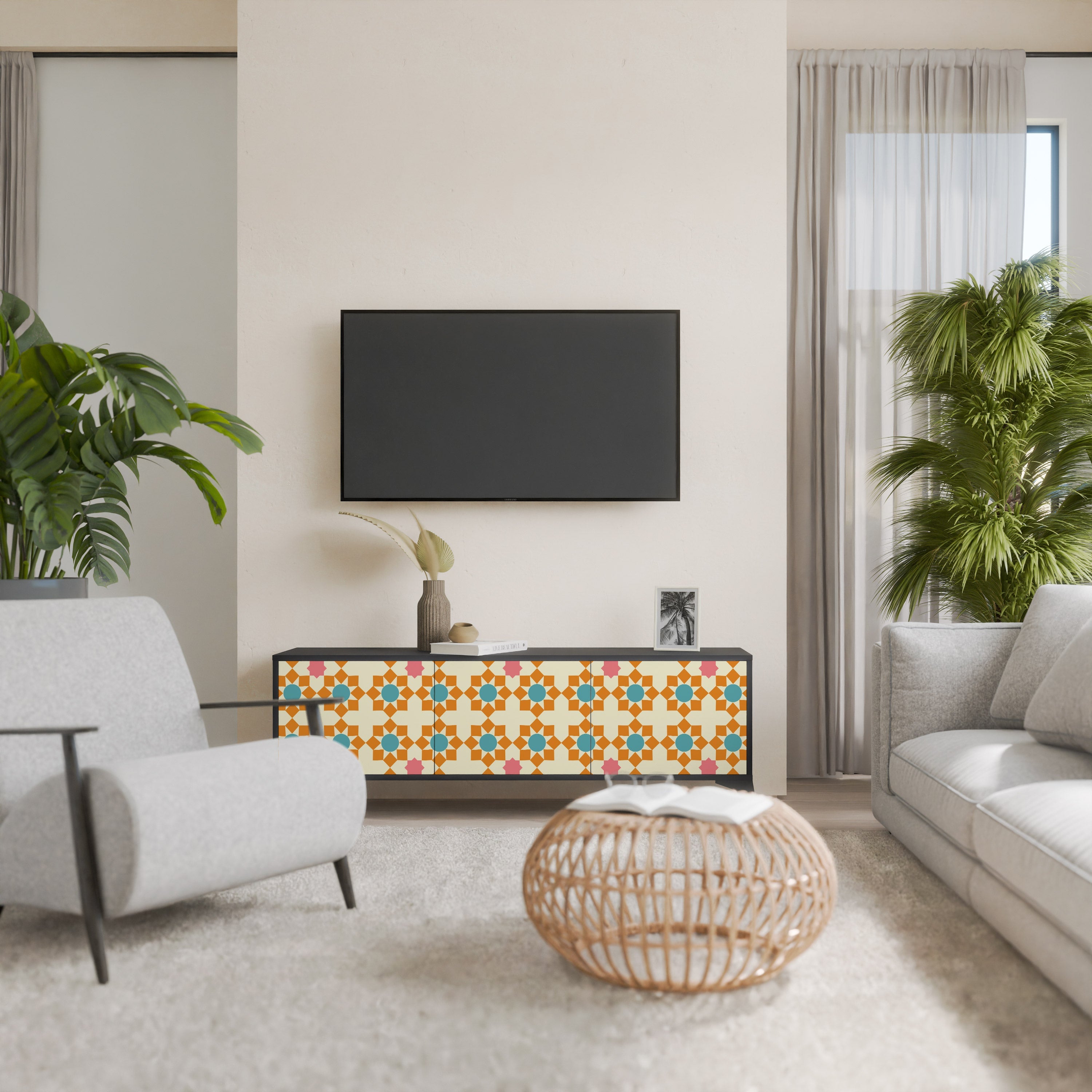 FLORAL DECOR 3-türiger TV-Ständer in Schwarz