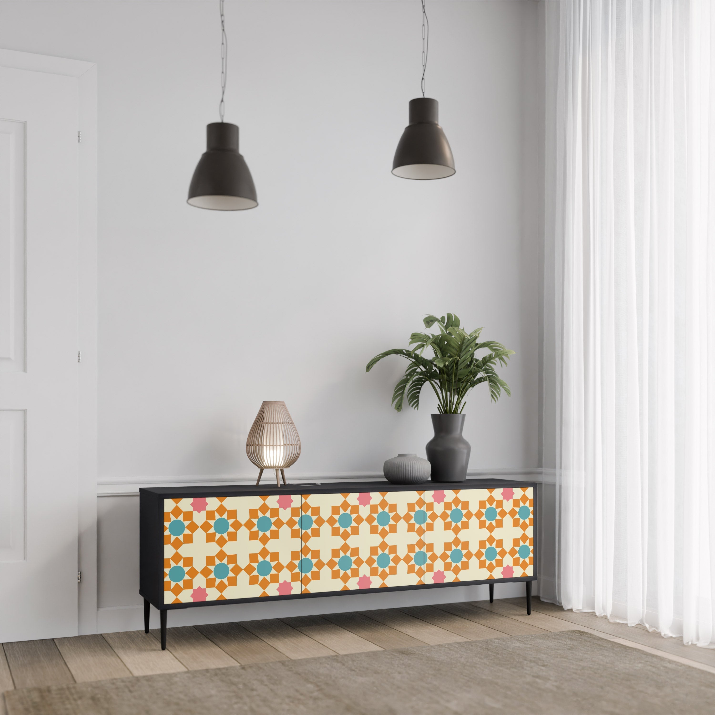 FLORAL DECOR 3-türiger TV-Ständer in Schwarz
