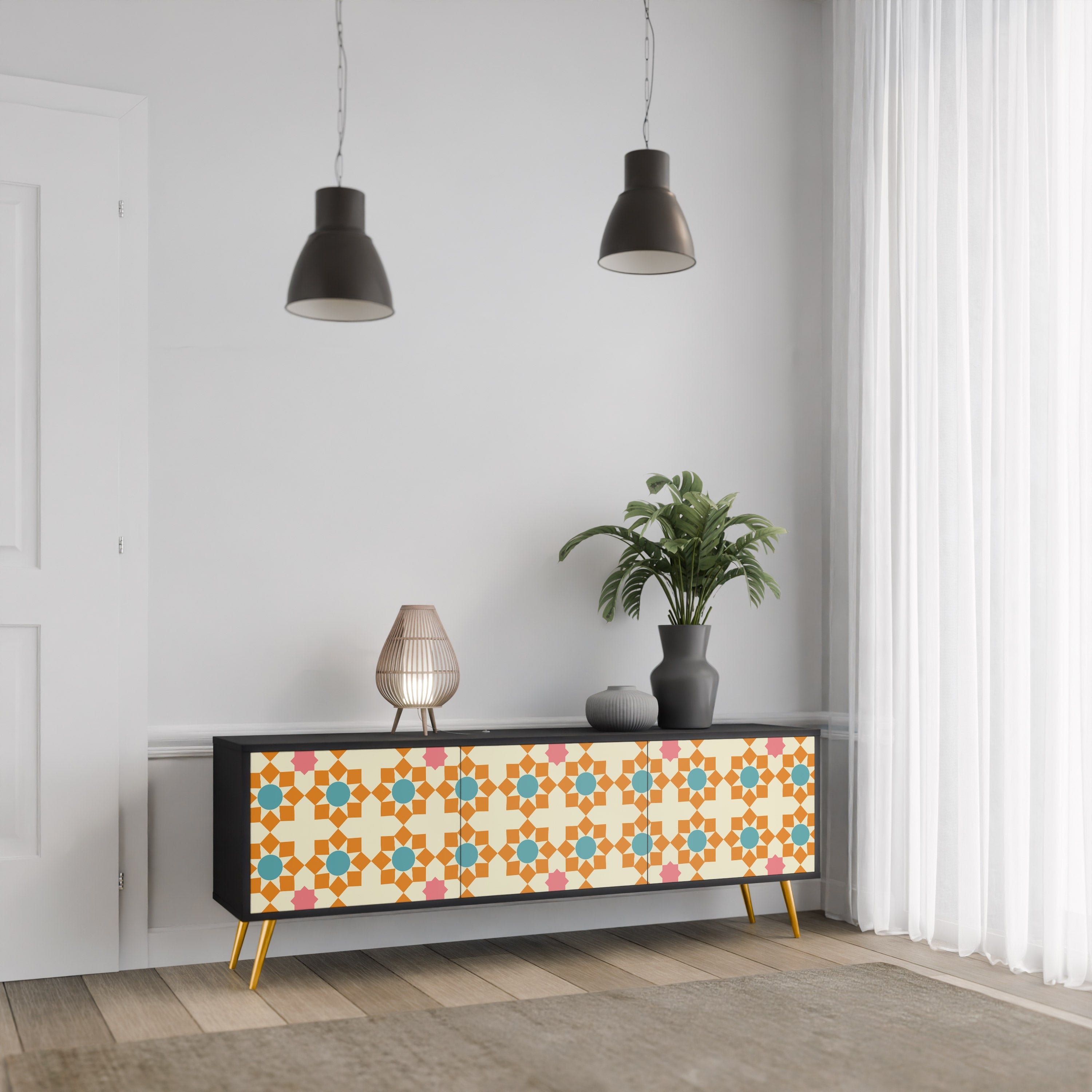 FLORAL DECOR 3-türiger TV-Ständer in Schwarz