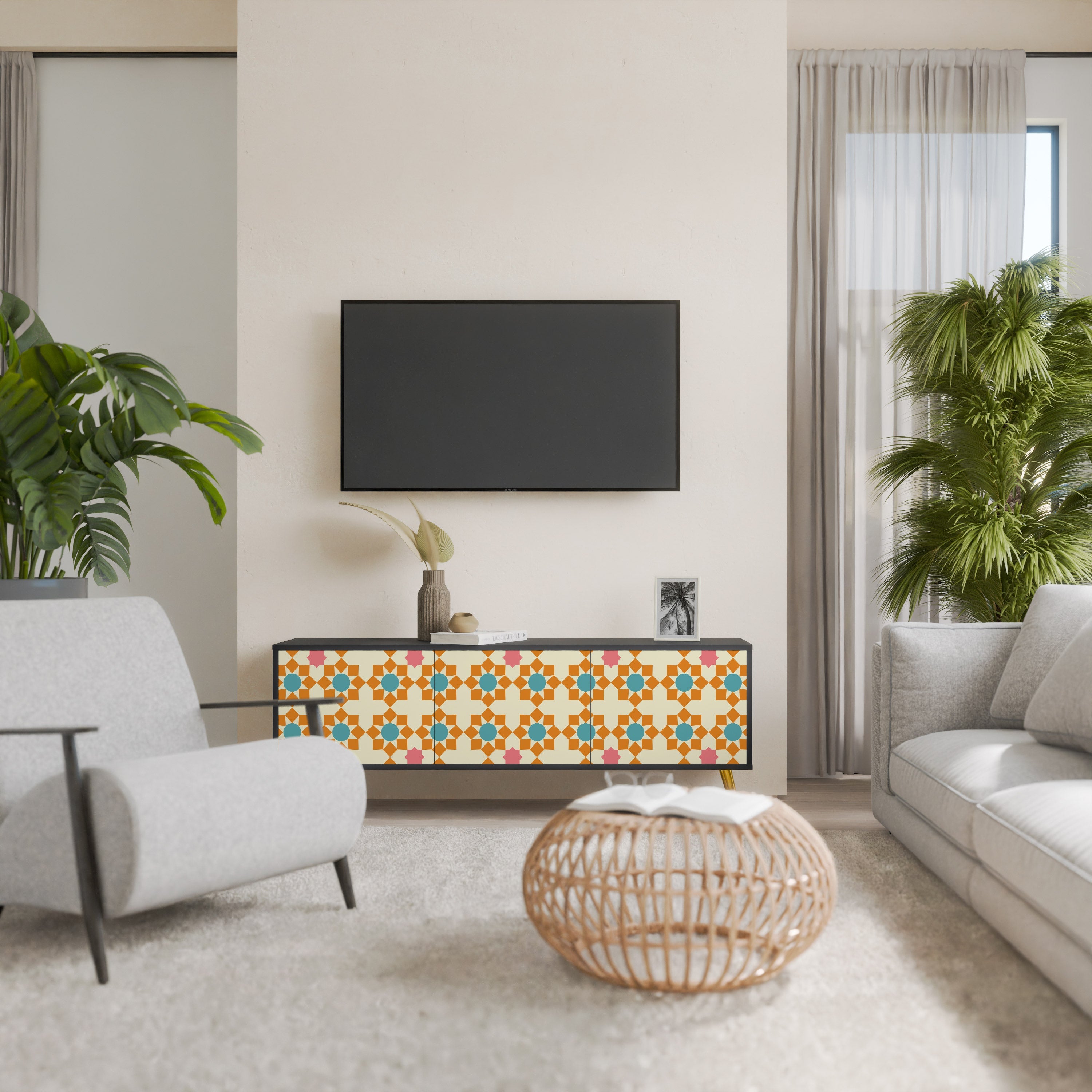 FLORAL DECOR 3-türiger TV-Ständer in Schwarz
