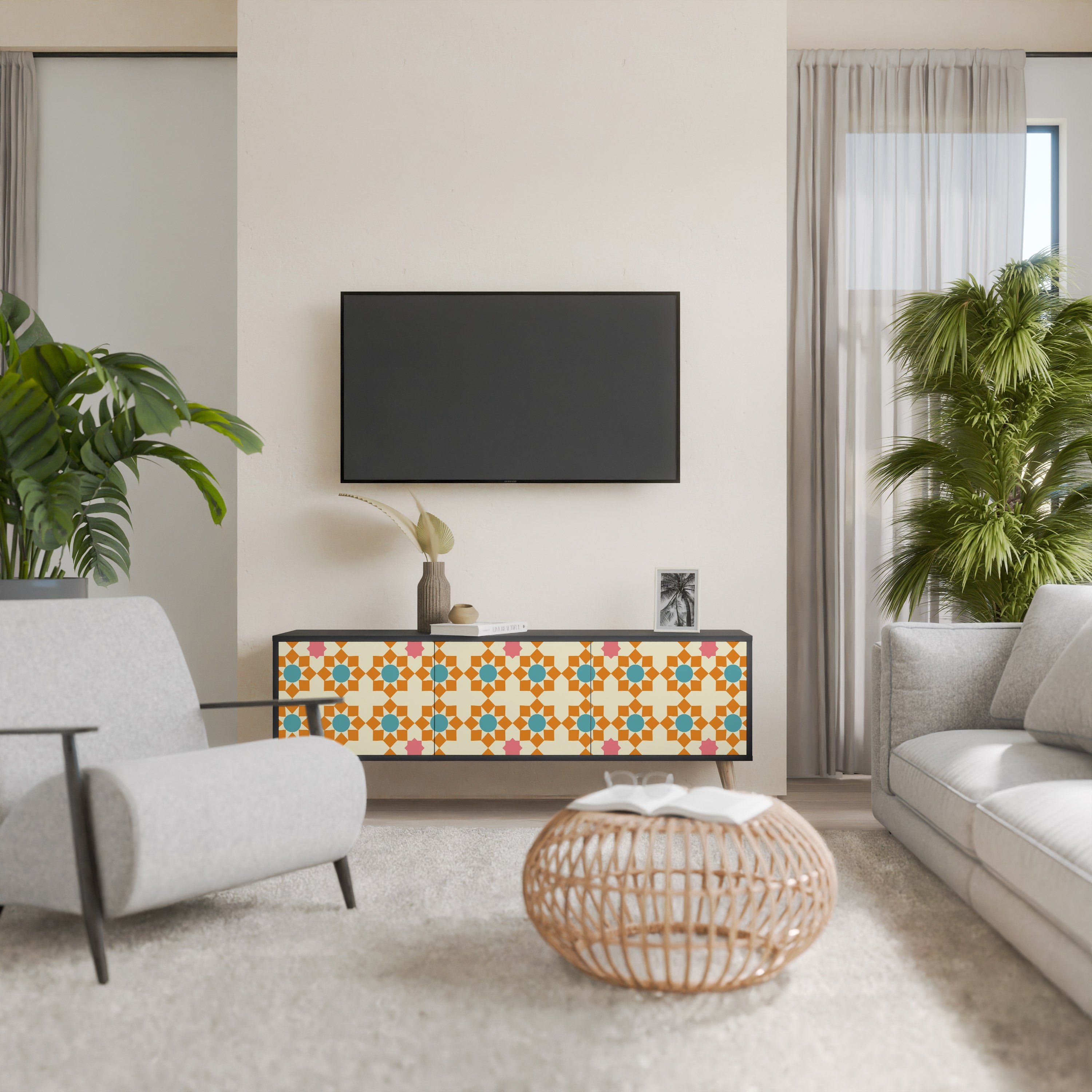 FLORAL DECOR 3-türiger TV-Ständer in Schwarz