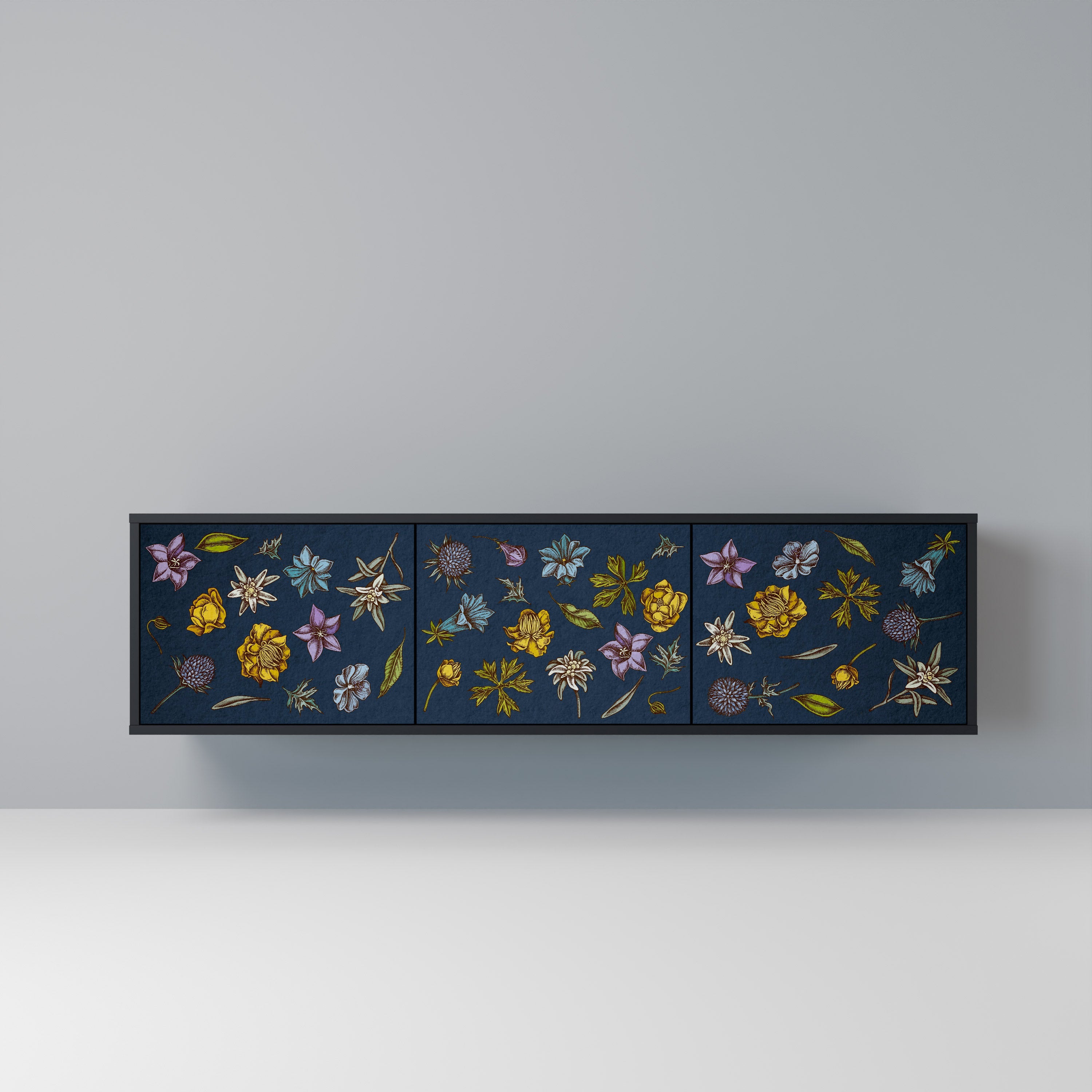 FLOWERS ON NAVY BLUE 3-türiger TV-Ständer in schwarzer Ausführung