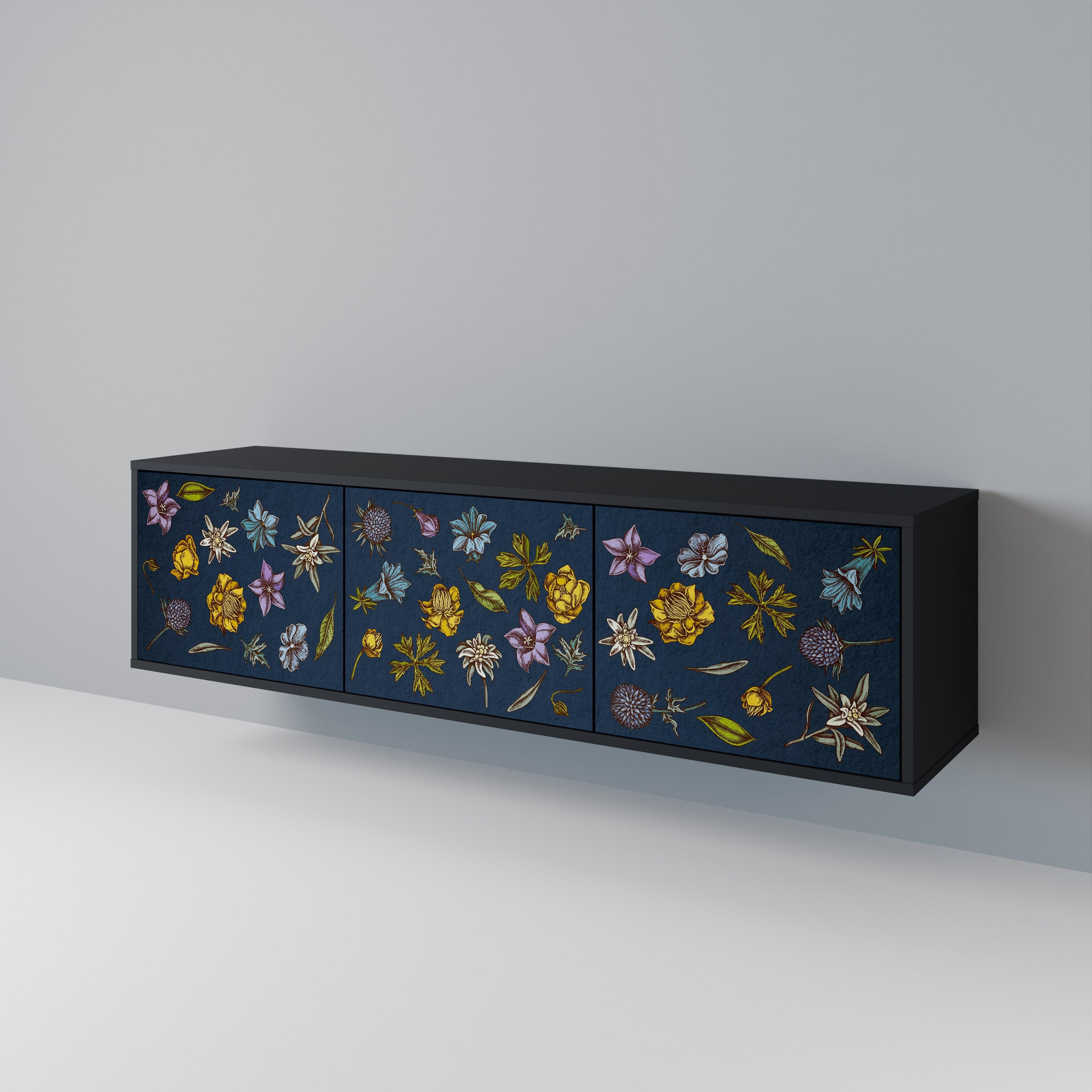 FLOWERS ON NAVY BLUE 3-türiger TV-Ständer in schwarzer Ausführung