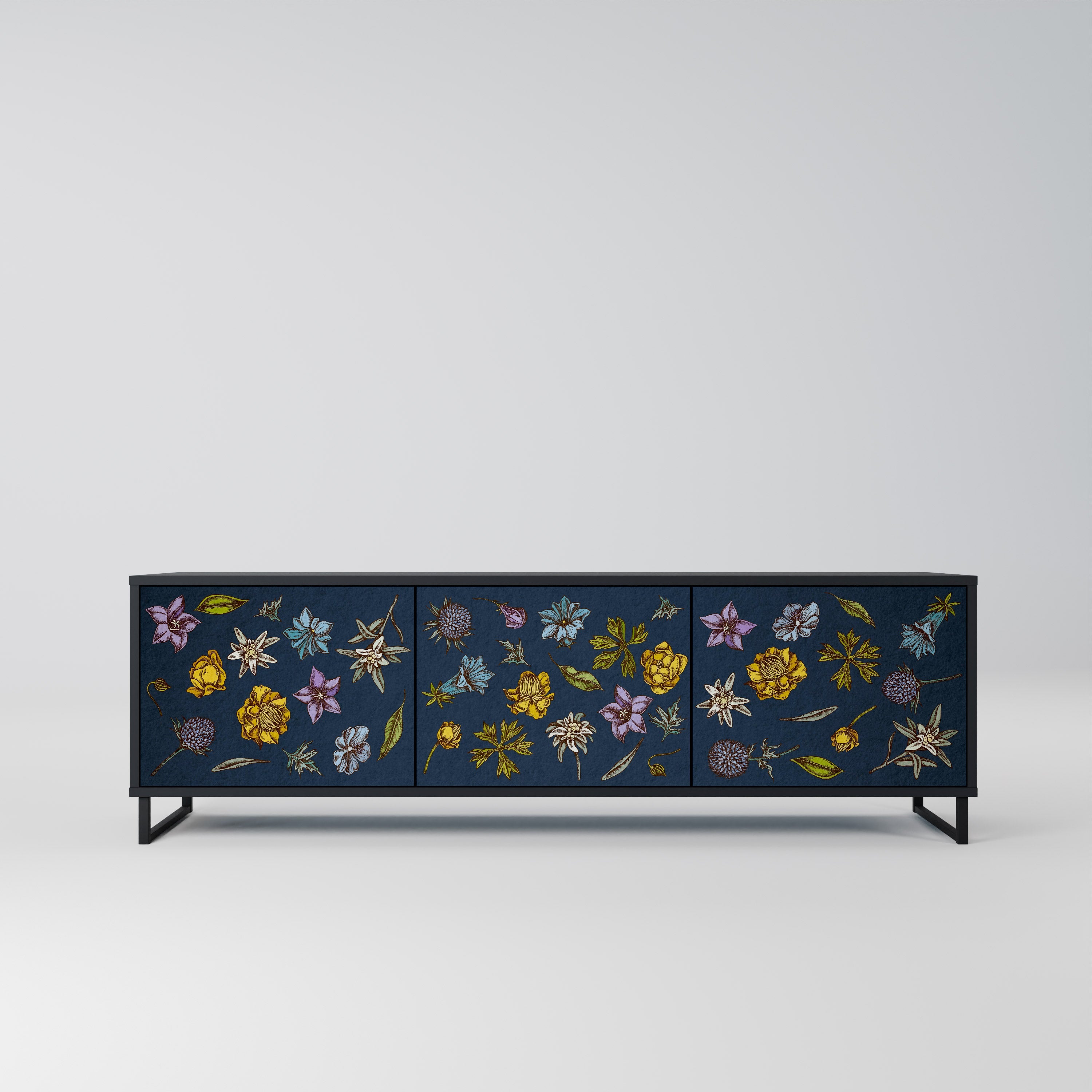 FLOWERS ON NAVY BLUE 3-türiger TV-Ständer in schwarzer Ausführung
