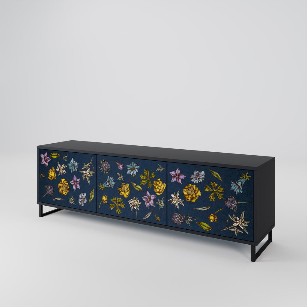 FLOWERS ON NAVY BLUE 3-türiger TV-Ständer in schwarzer Ausführung