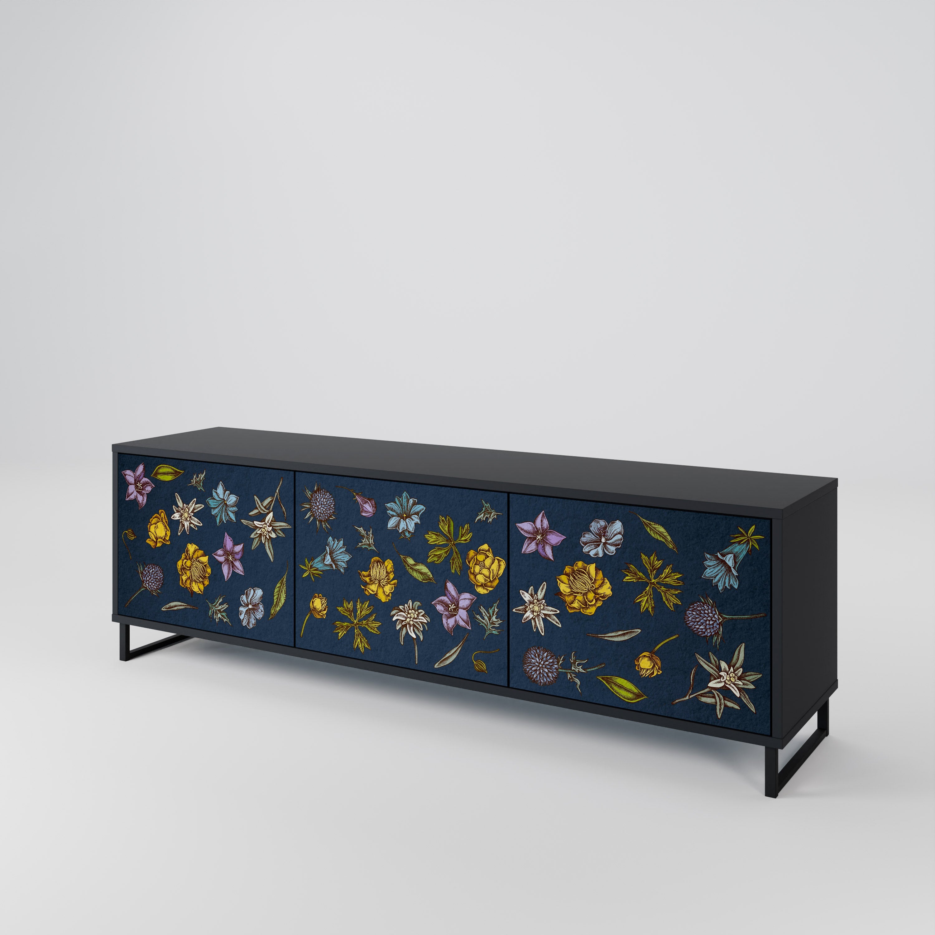 FLOWERS ON NAVY BLUE 3-türiger TV-Ständer in schwarzer Ausführung