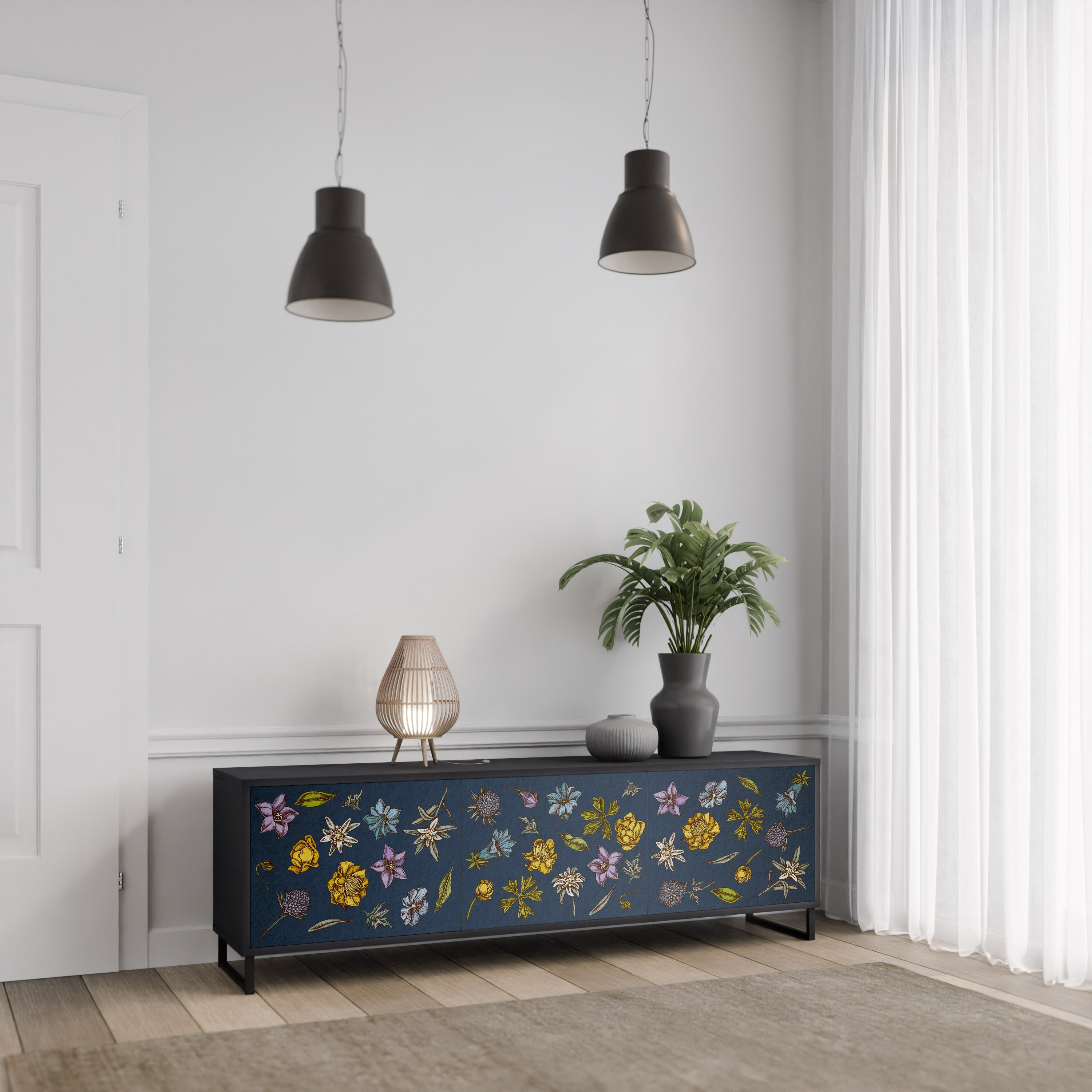 FLOWERS ON NAVY BLUE 3-türiger TV-Ständer in schwarzer Ausführung