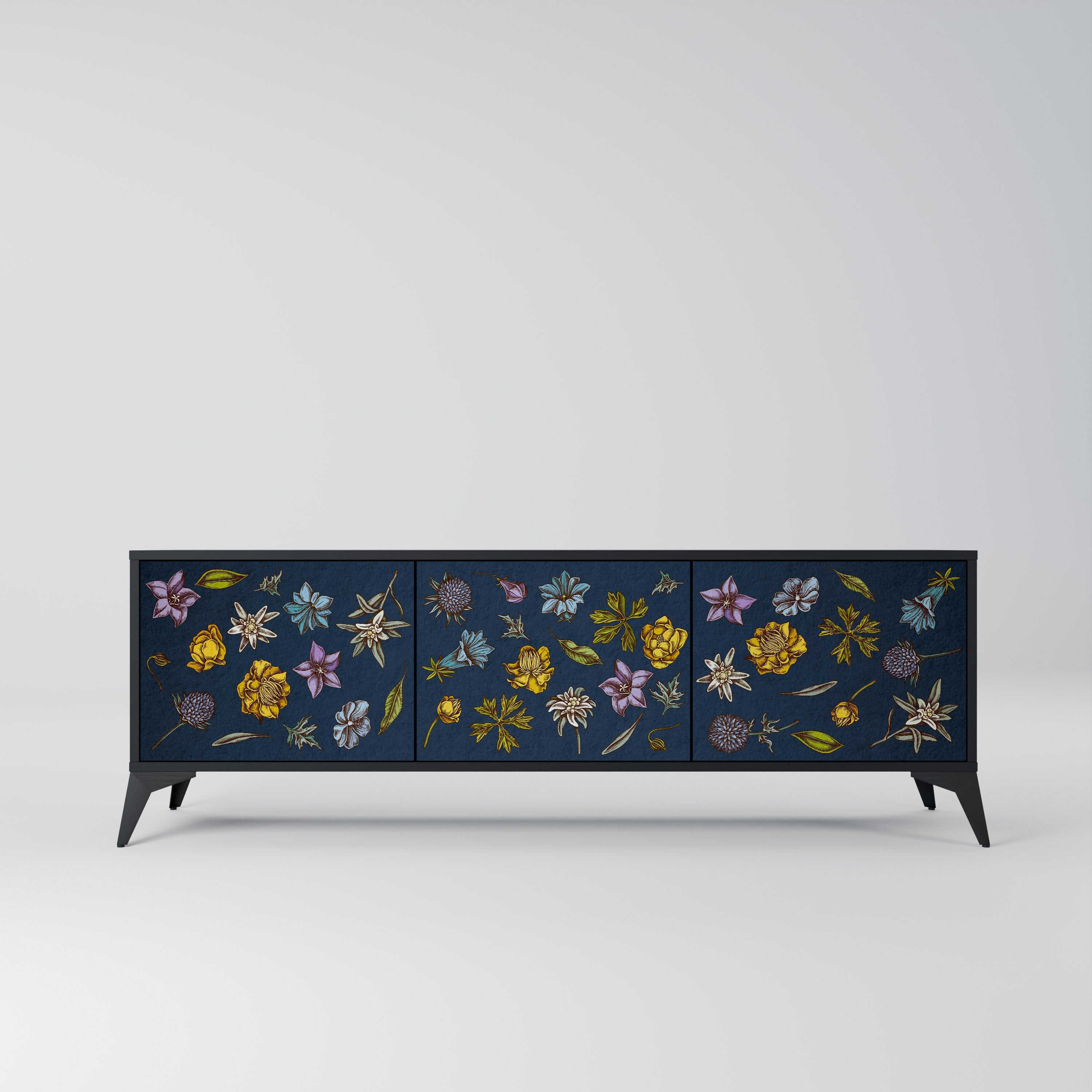FLOWERS ON NAVY BLUE 3-türiger TV-Ständer in schwarzer Ausführung