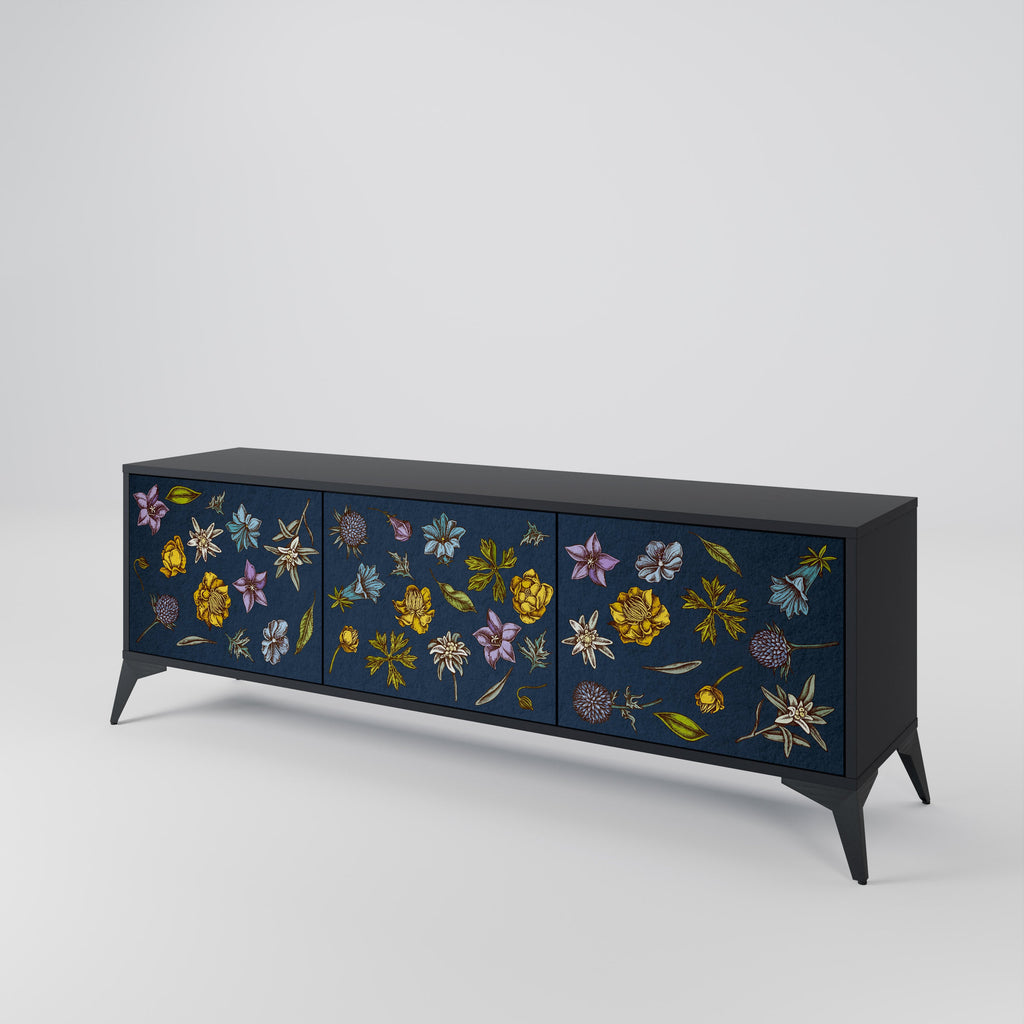 FLOWERS ON NAVY BLUE 3-türiger TV-Ständer in schwarzer Ausführung