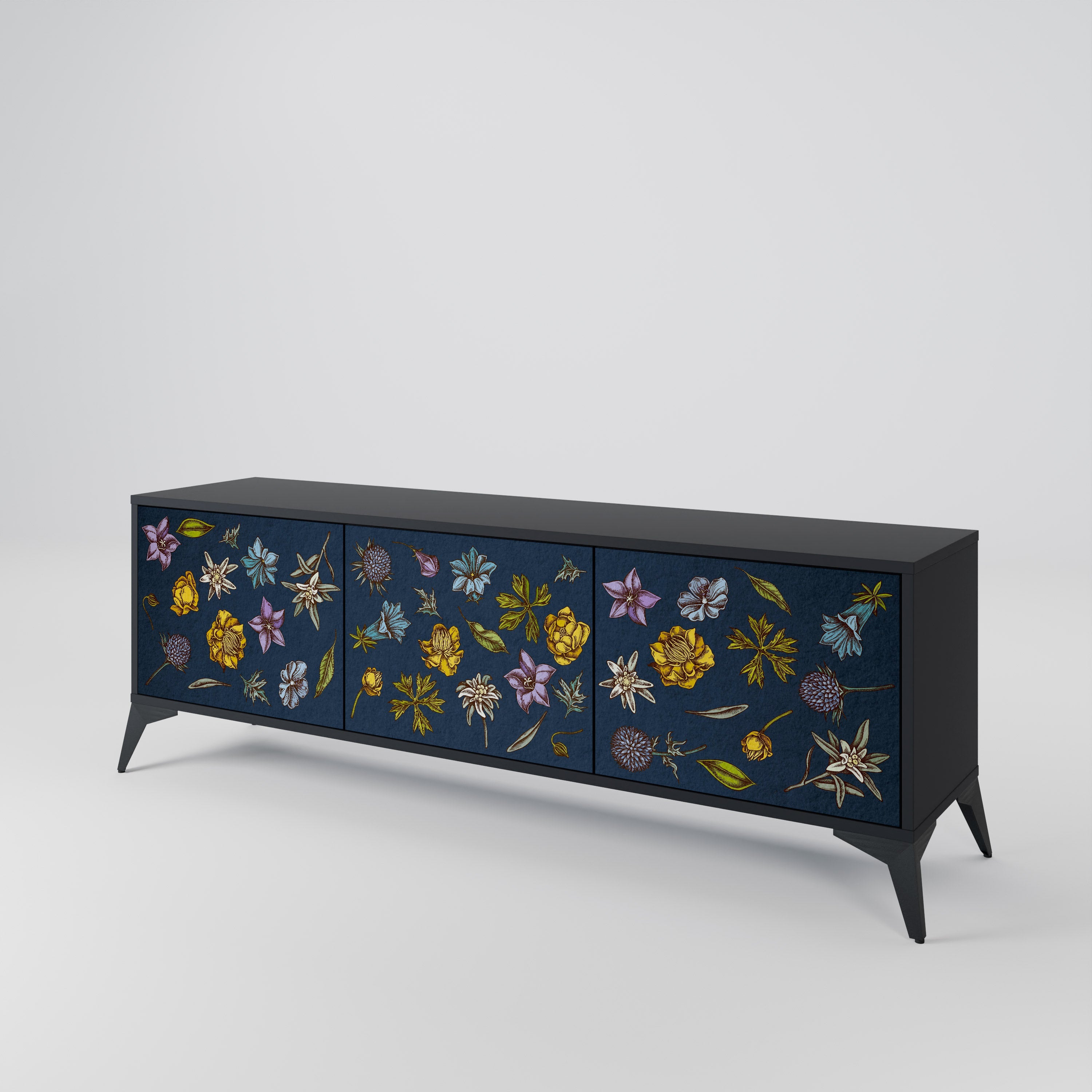 FLOWERS ON NAVY BLUE 3-türiger TV-Ständer in schwarzer Ausführung