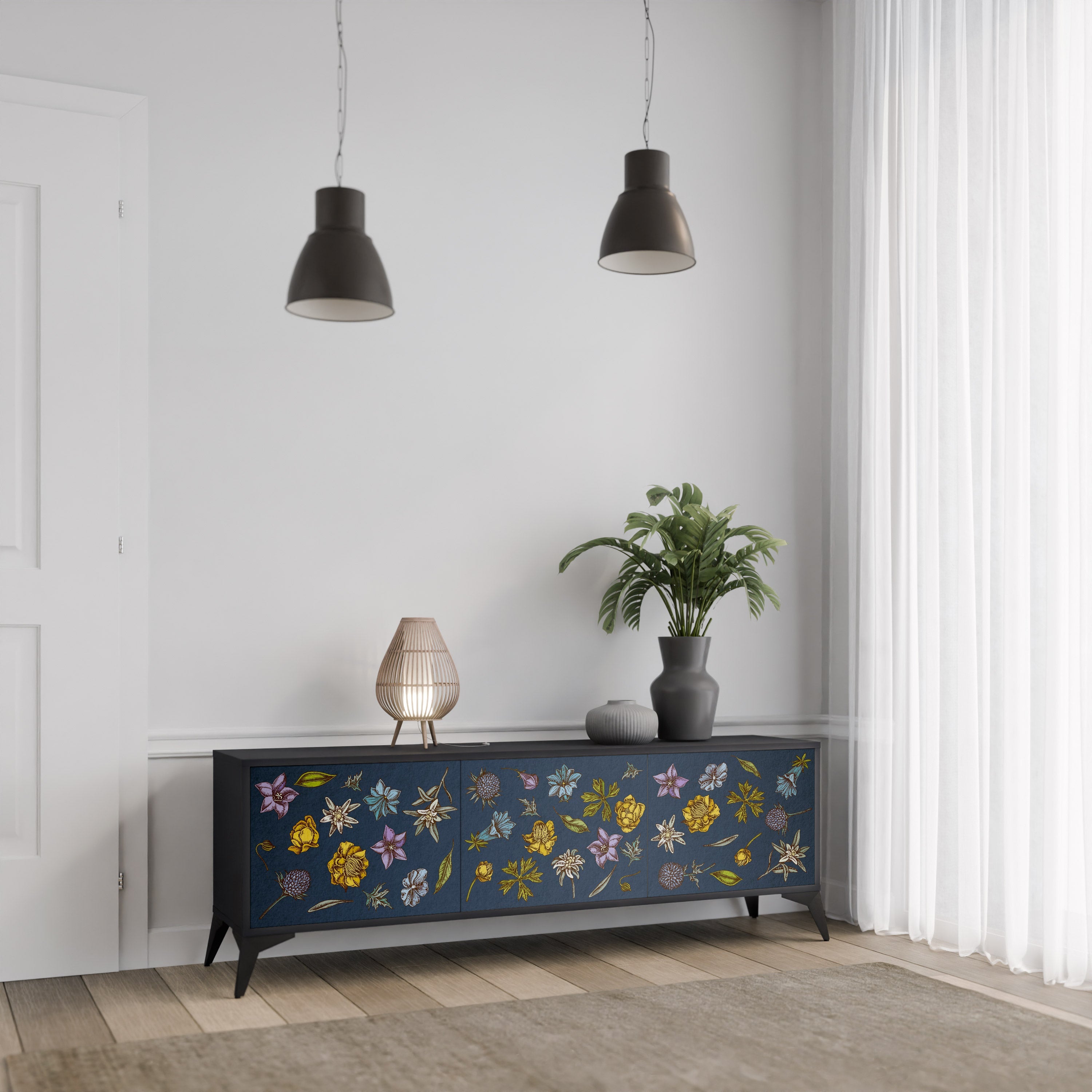 FLOWERS ON NAVY BLUE 3-türiger TV-Ständer in schwarzer Ausführung