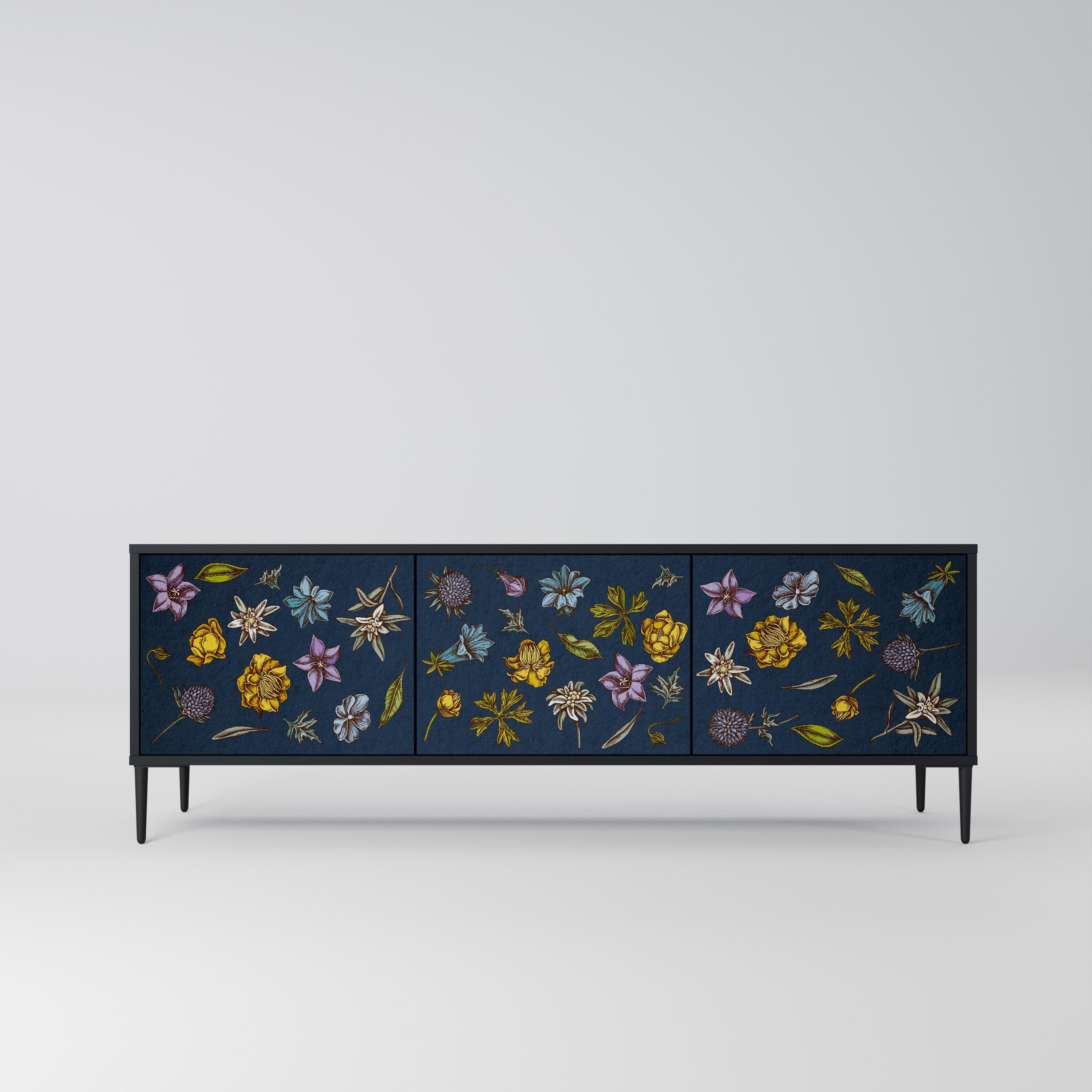 FLOWERS ON NAVY BLUE 3-türiger TV-Ständer in schwarzer Ausführung