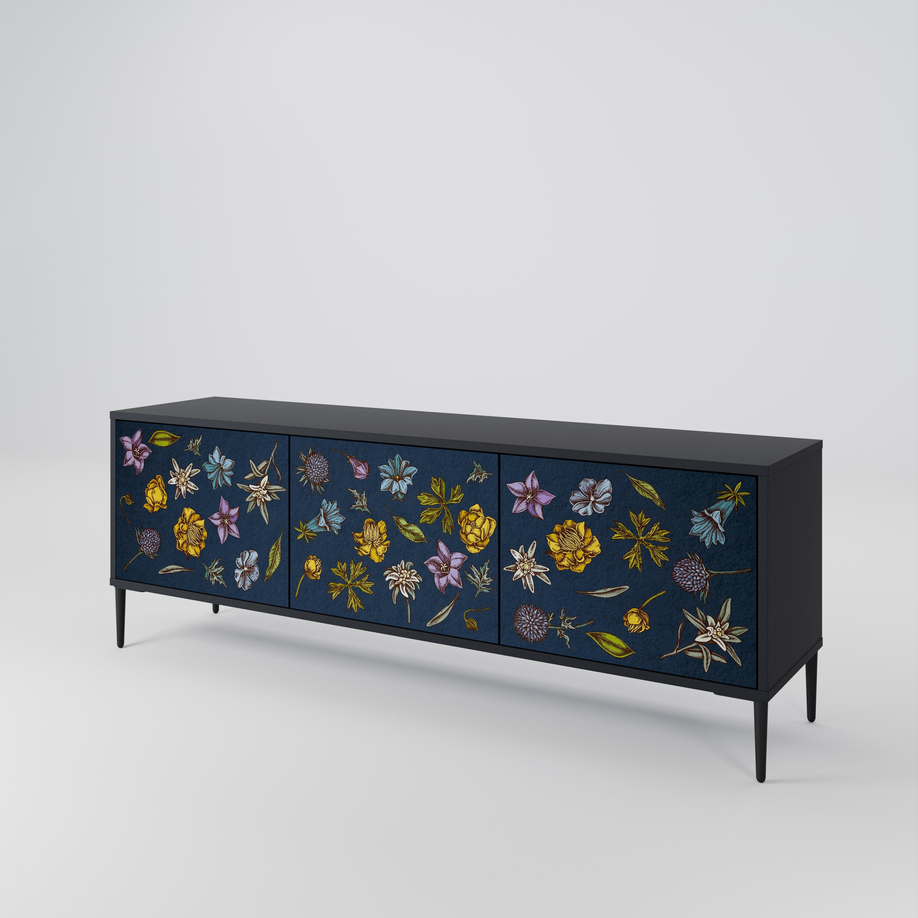FLOWERS ON NAVY BLUE 3-türiger TV-Ständer in schwarzer Ausführung