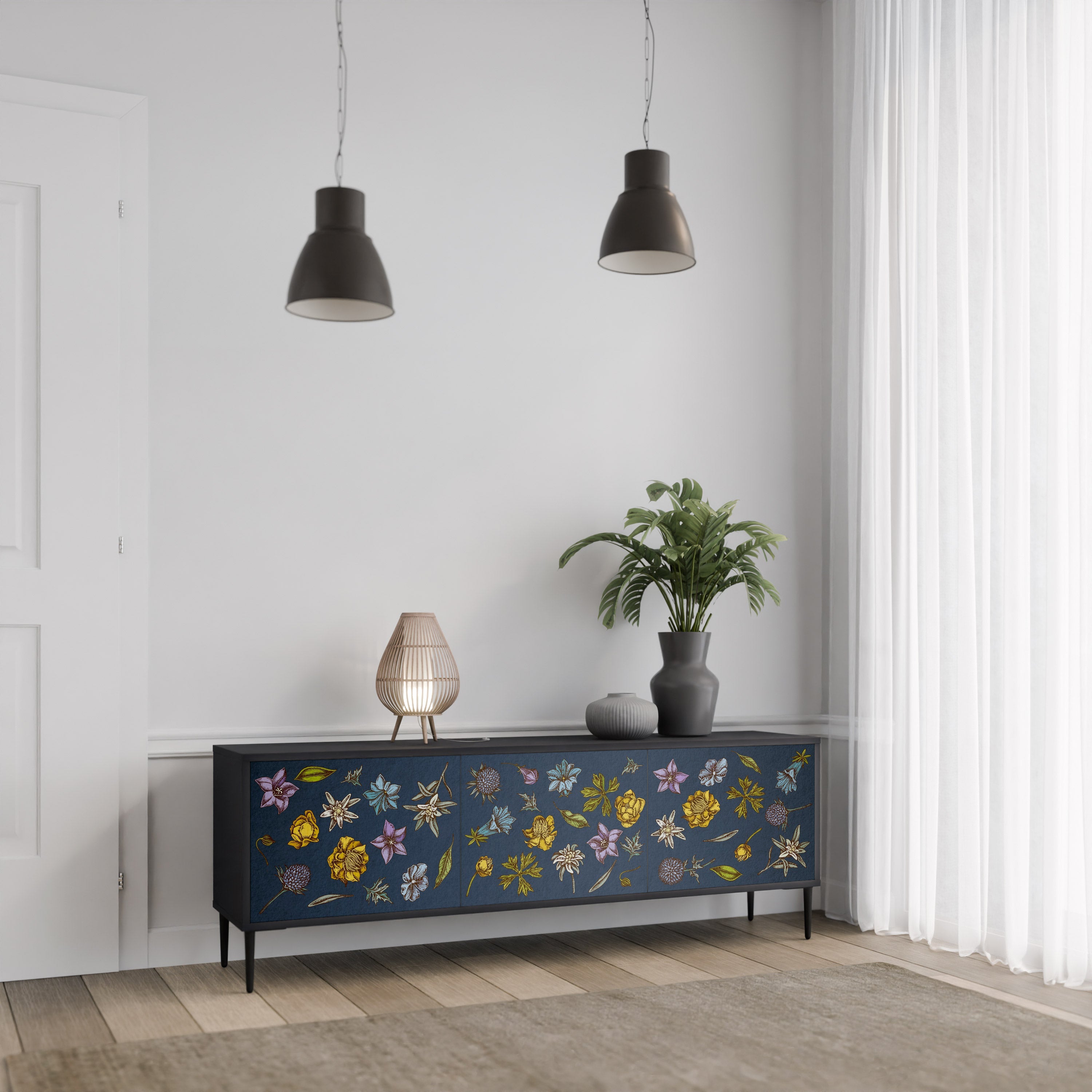 FLOWERS ON NAVY BLUE 3-türiger TV-Ständer in schwarzer Ausführung