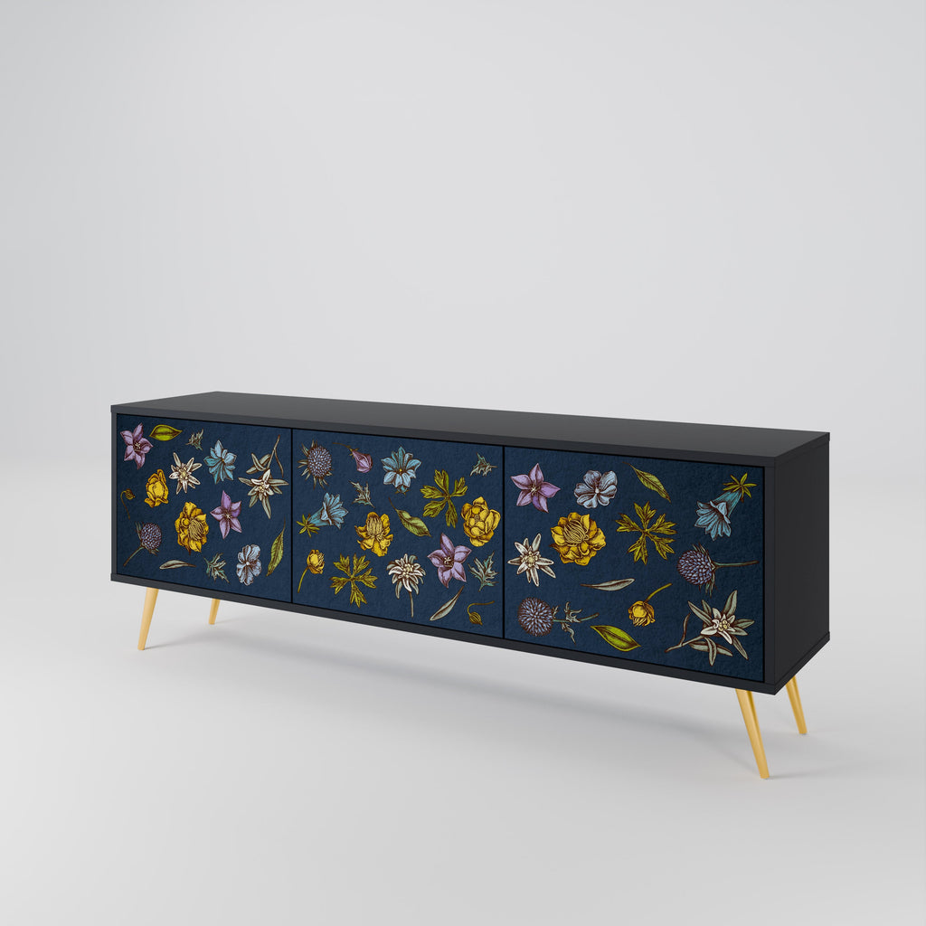 FLOWERS ON NAVY BLUE 3-türiger TV-Ständer in schwarzer Ausführung