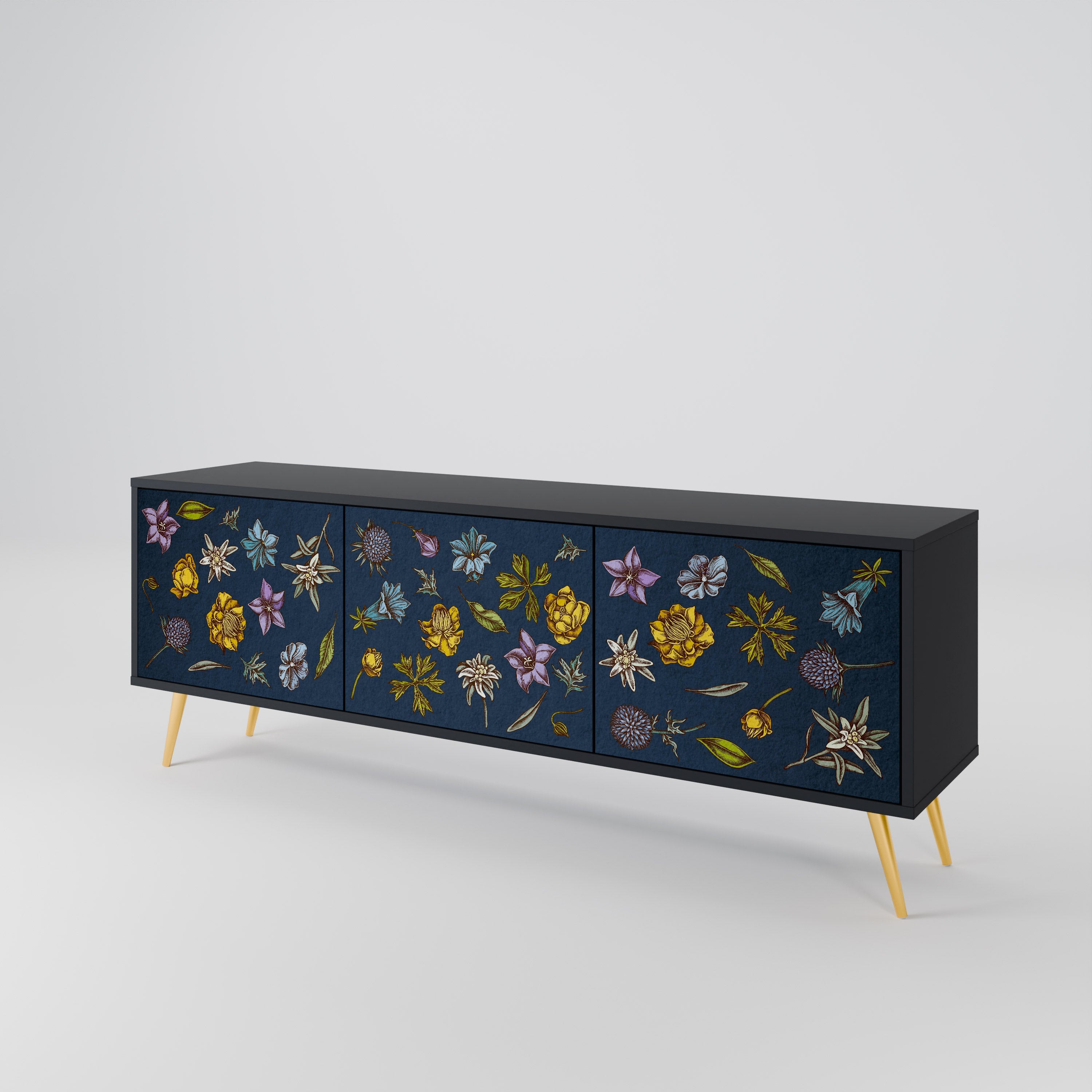 FLOWERS ON NAVY BLUE 3-türiger TV-Ständer in schwarzer Ausführung