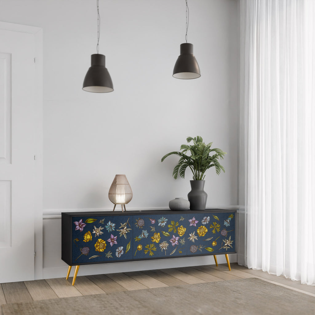 FLOWERS ON NAVY BLUE 3-türiger TV-Ständer in schwarzer Ausführung