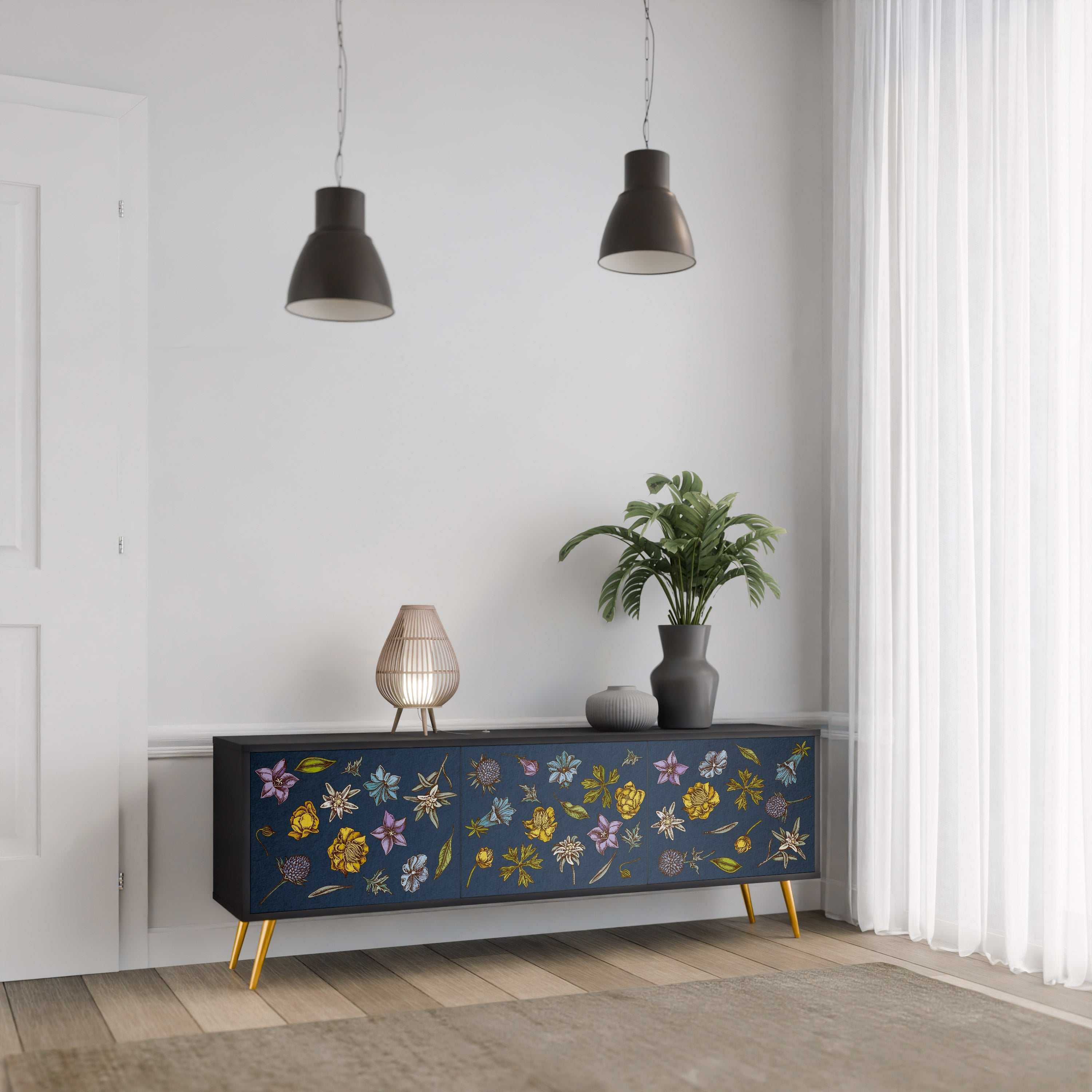FLOWERS ON NAVY BLUE 3-türiger TV-Ständer in schwarzer Ausführung