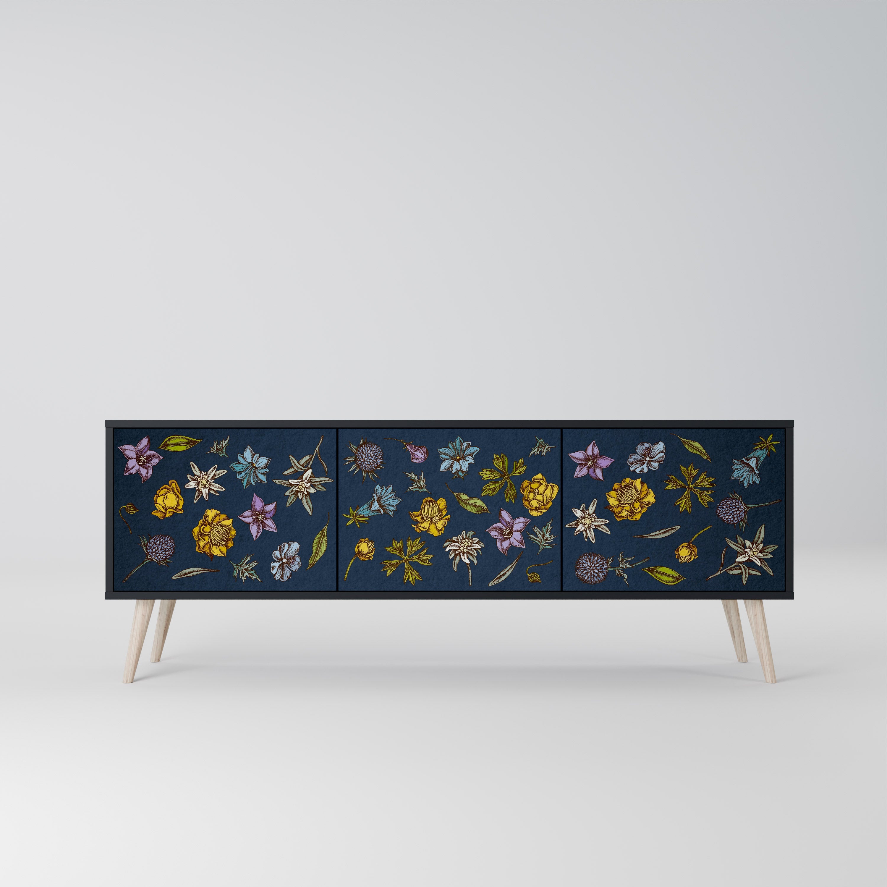 FLOWERS ON NAVY BLUE 3-türiger TV-Ständer in schwarzer Ausführung