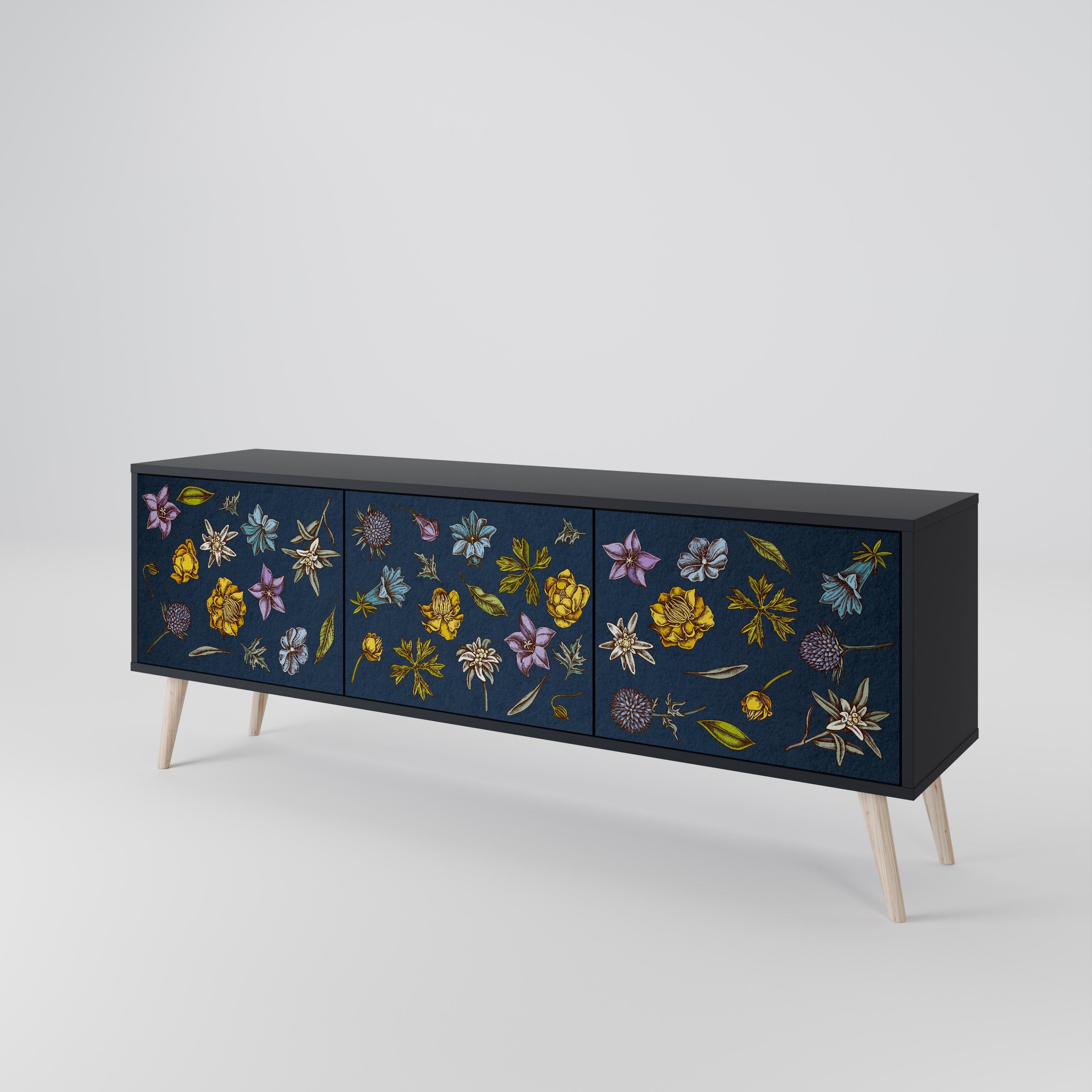 FLOWERS ON NAVY BLUE 3-türiger TV-Ständer in schwarzer Ausführung